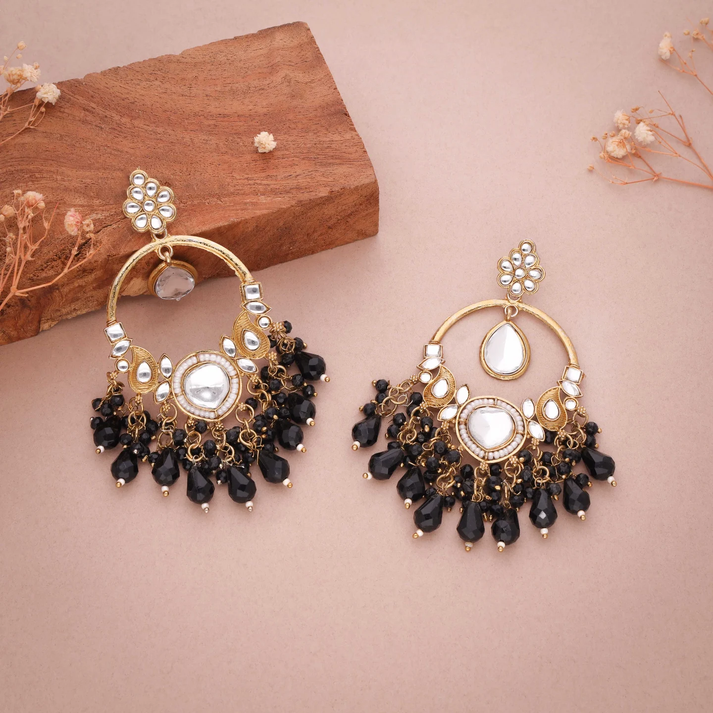 Black Kundan Dangler Earrings - Image 4