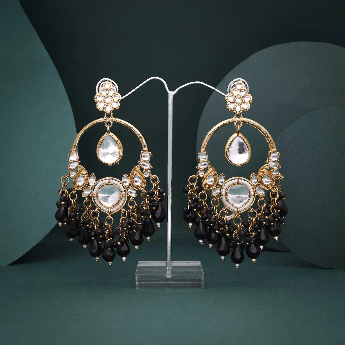 Black Kundan Dangler Earrings - Image 5