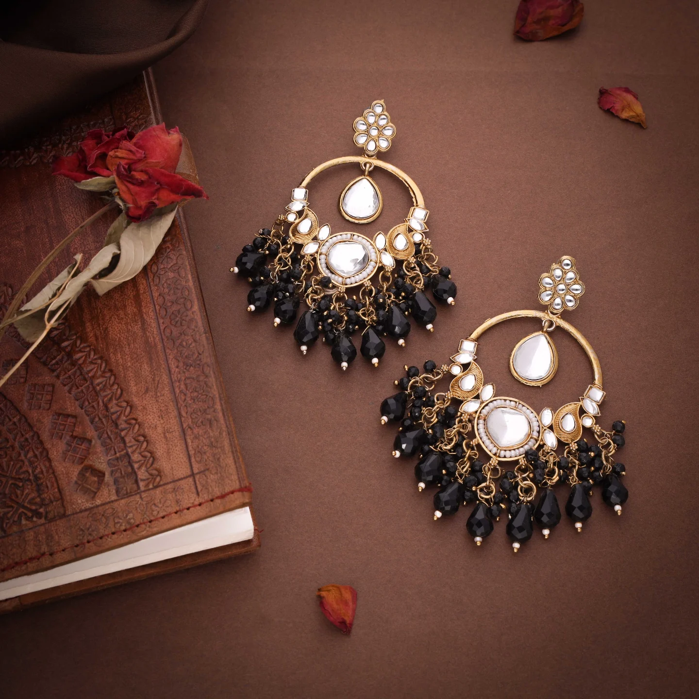 Black Kundan Dangler Earrings - Image 2