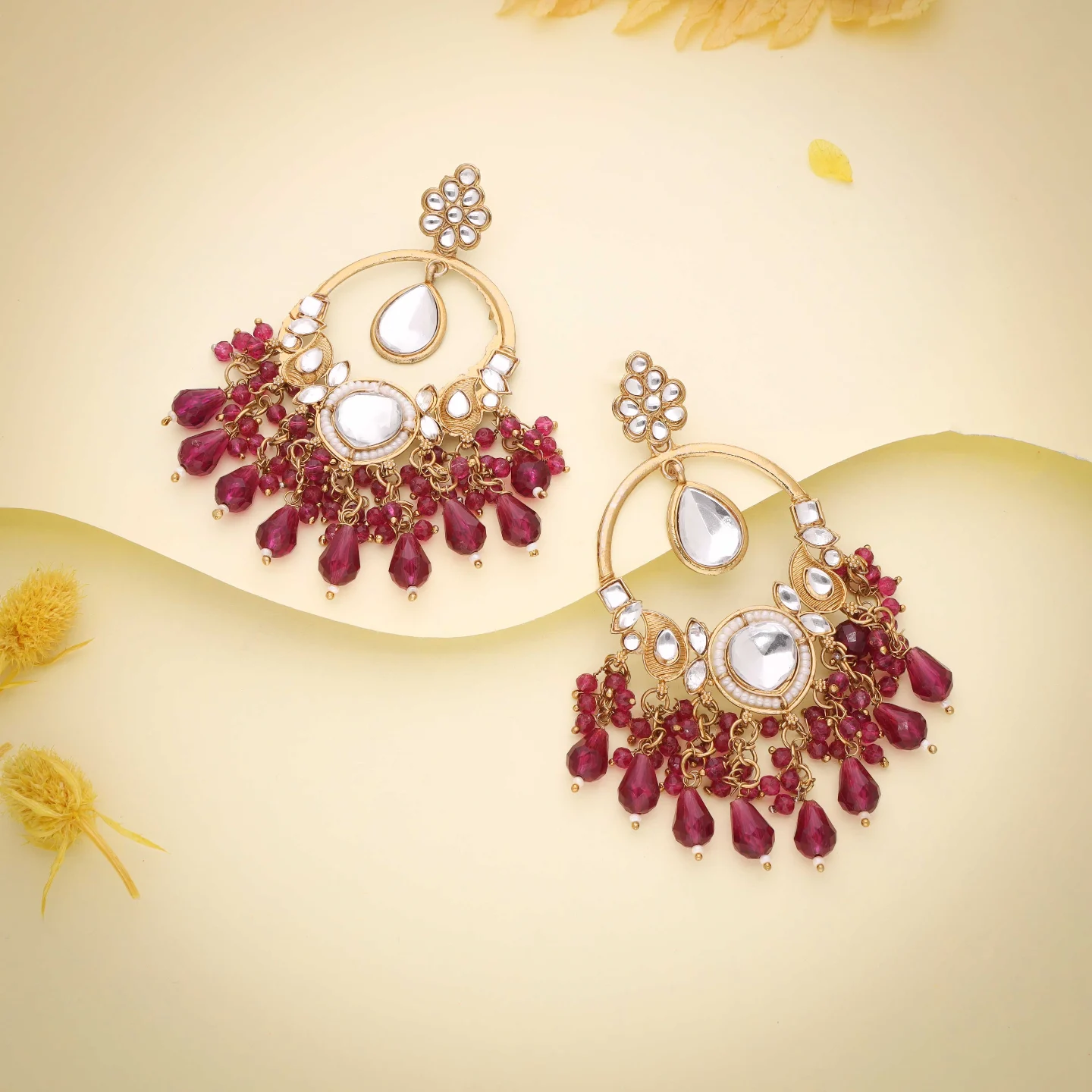 Pink Pearl Kundan Earrings - Image 3