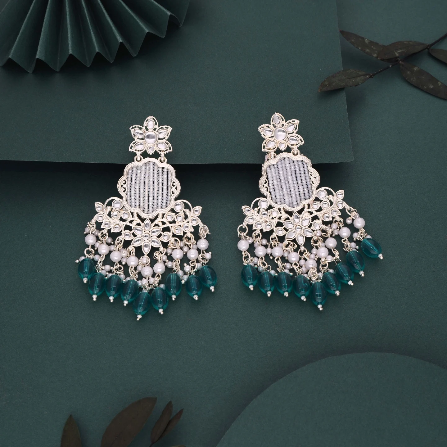 Green Kundan Drop Earrings - Image 4