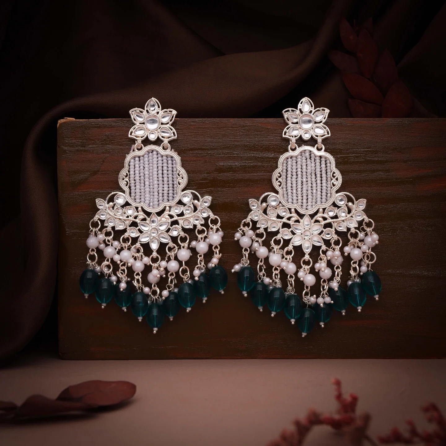 Green Kundan Drop Earrings - Image 2