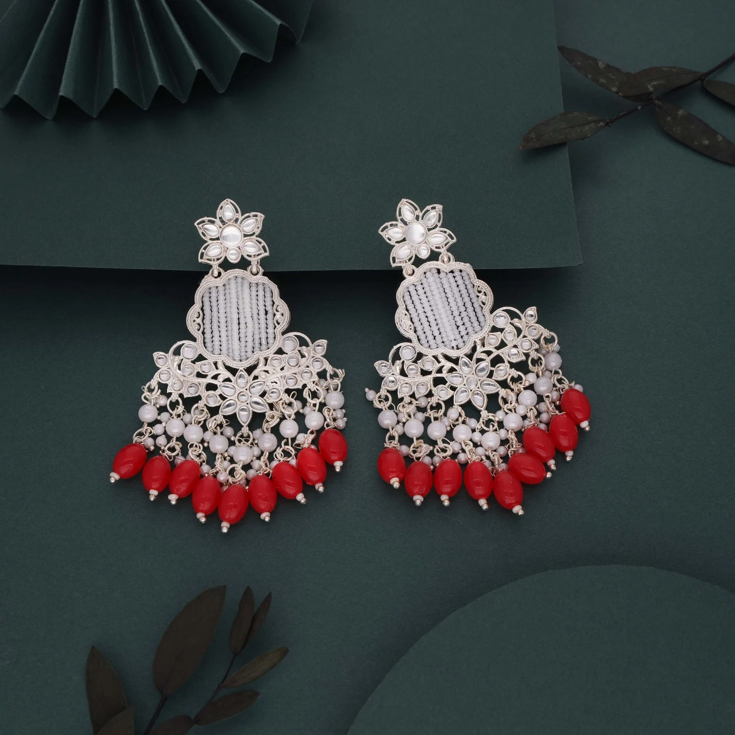 Red Kundan Drop Earrings