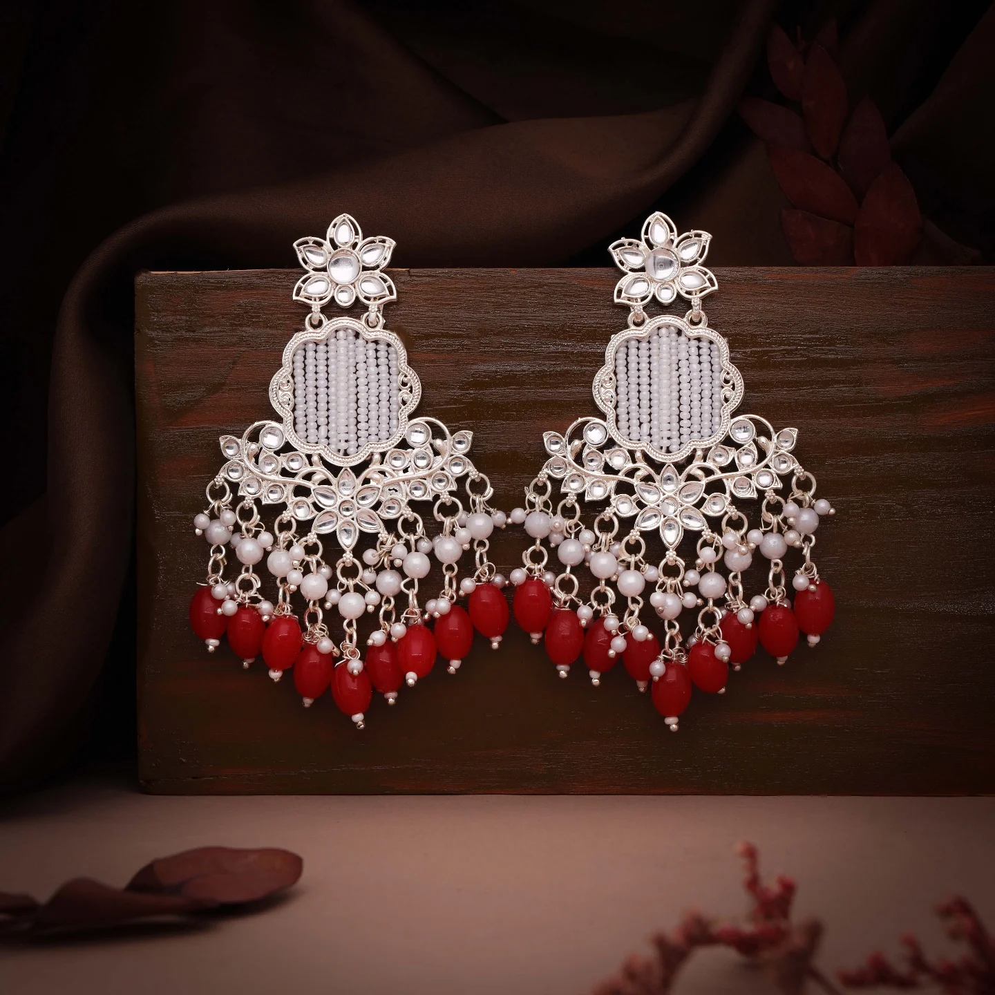 Red Kundan Drop Earrings - Image 3