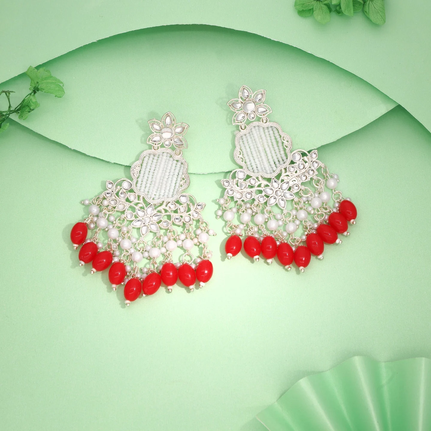 Red Kundan Drop Earrings - Image 2