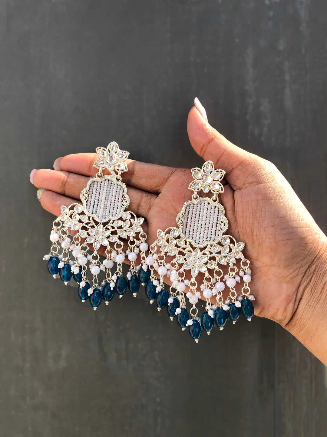 Dark Blue Kundan Drop Earrings - Image 5