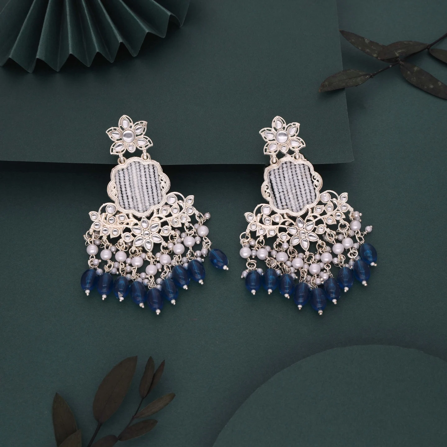 Dark Blue Kundan Drop Earrings - Image 4