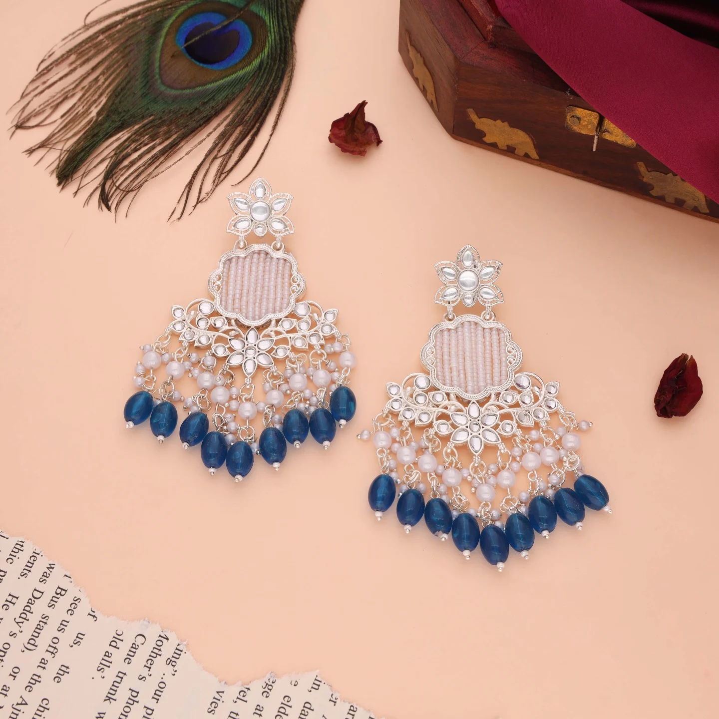 Dark Blue Kundan Drop Earrings