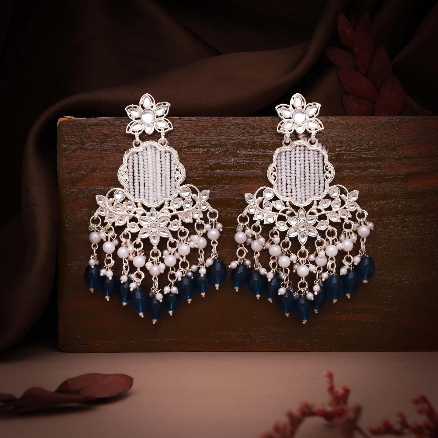Dark Blue Kundan Drop Earrings - Image 3