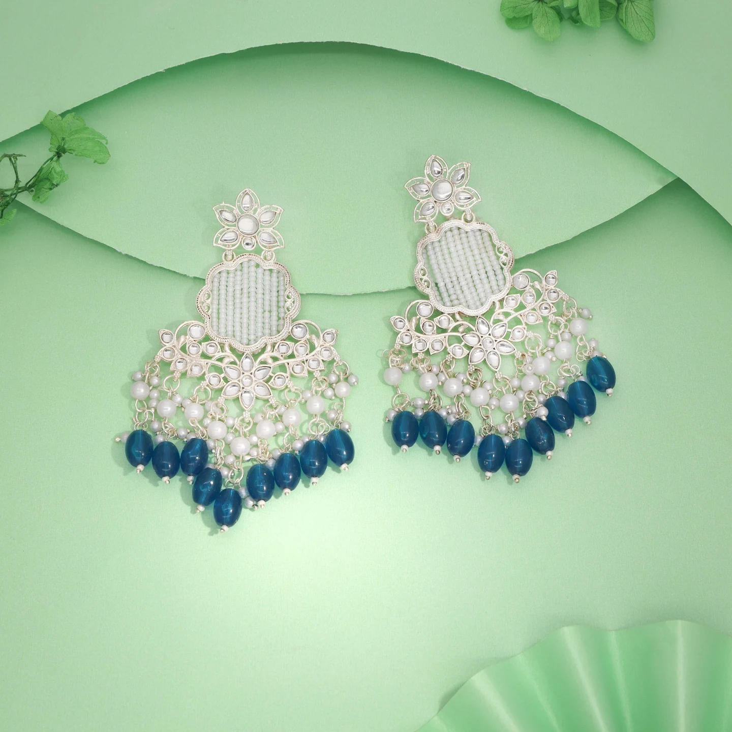 Dark Blue Kundan Drop Earrings - Image 2