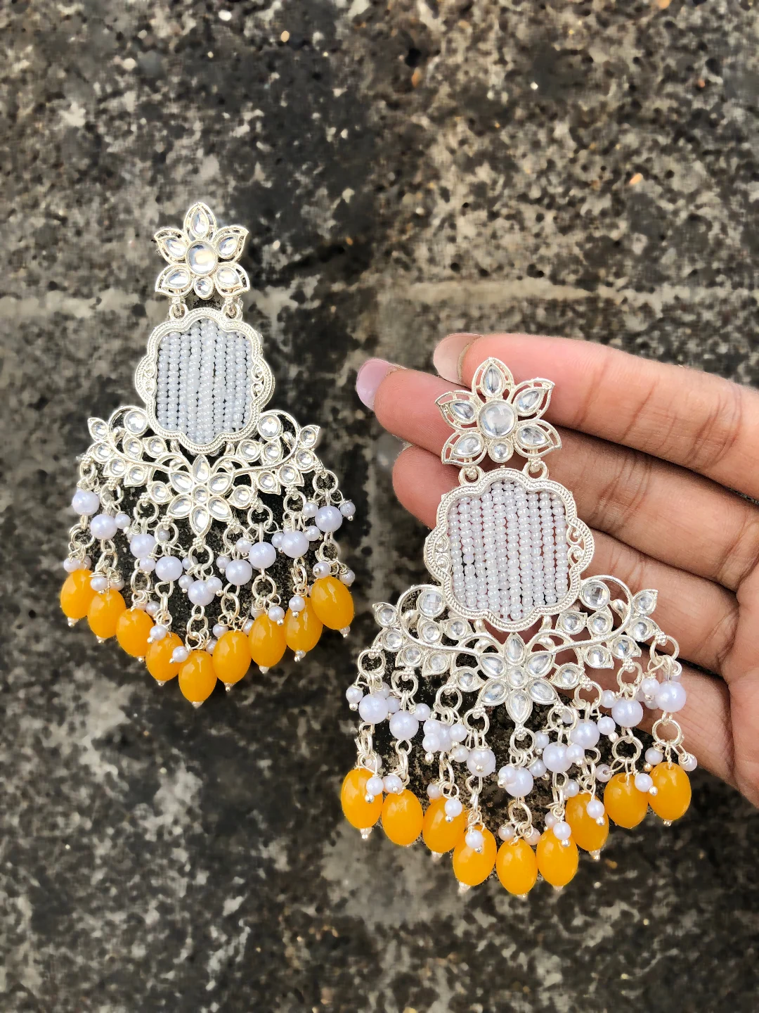 Yellow Kundan Drop Earrings - Image 4