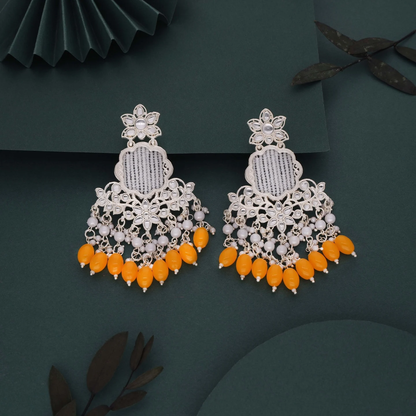 Yellow Kundan Drop Earrings - Image 3