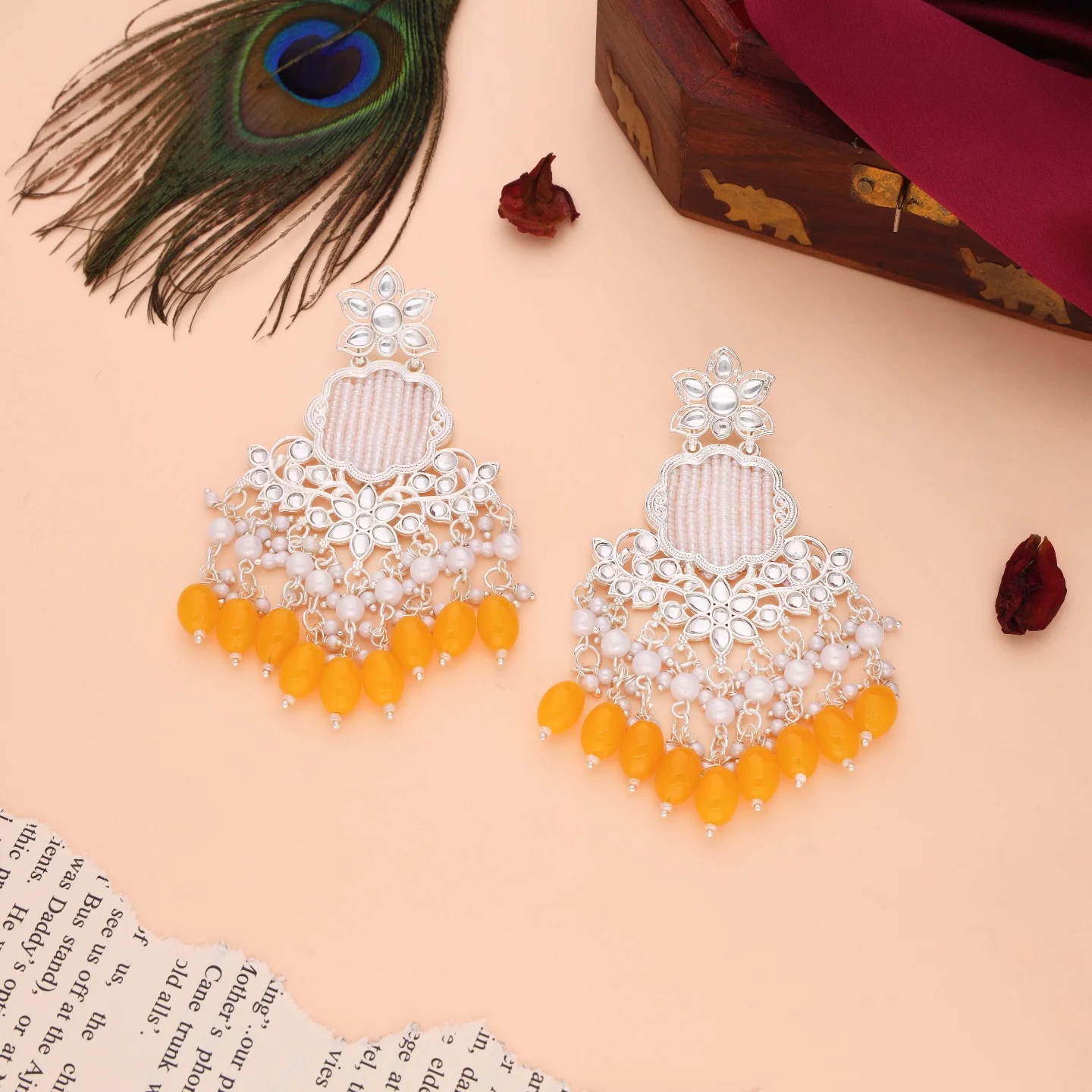 Yellow Kundan Drop Earrings - Image 2