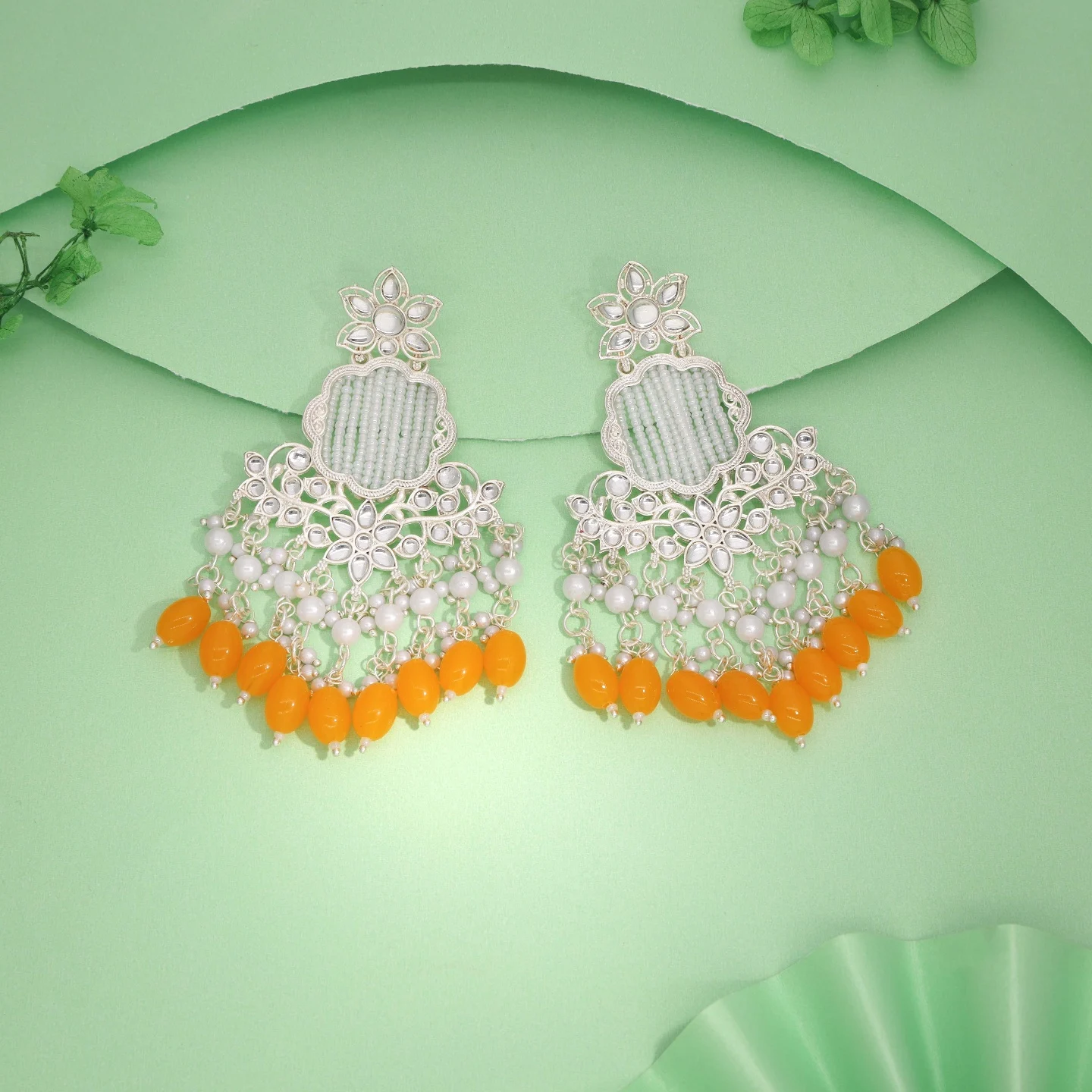 Yellow Kundan Drop Earrings - Image 7