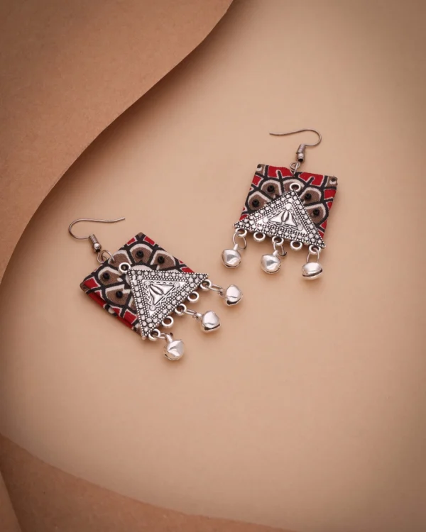 Silver Red Fabric Earrings