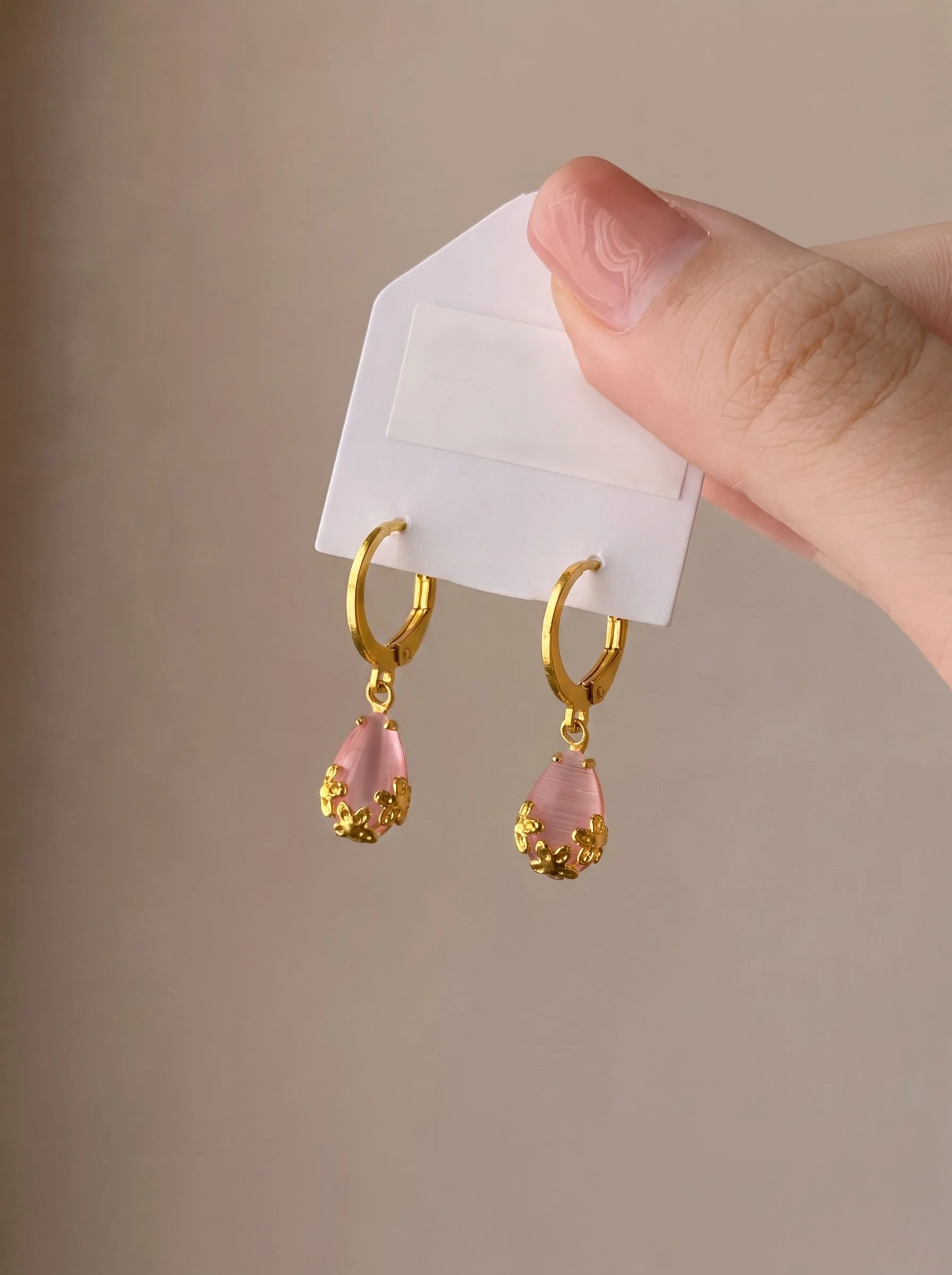 Gold Pink Teardrop Drop Earrings - Image 2