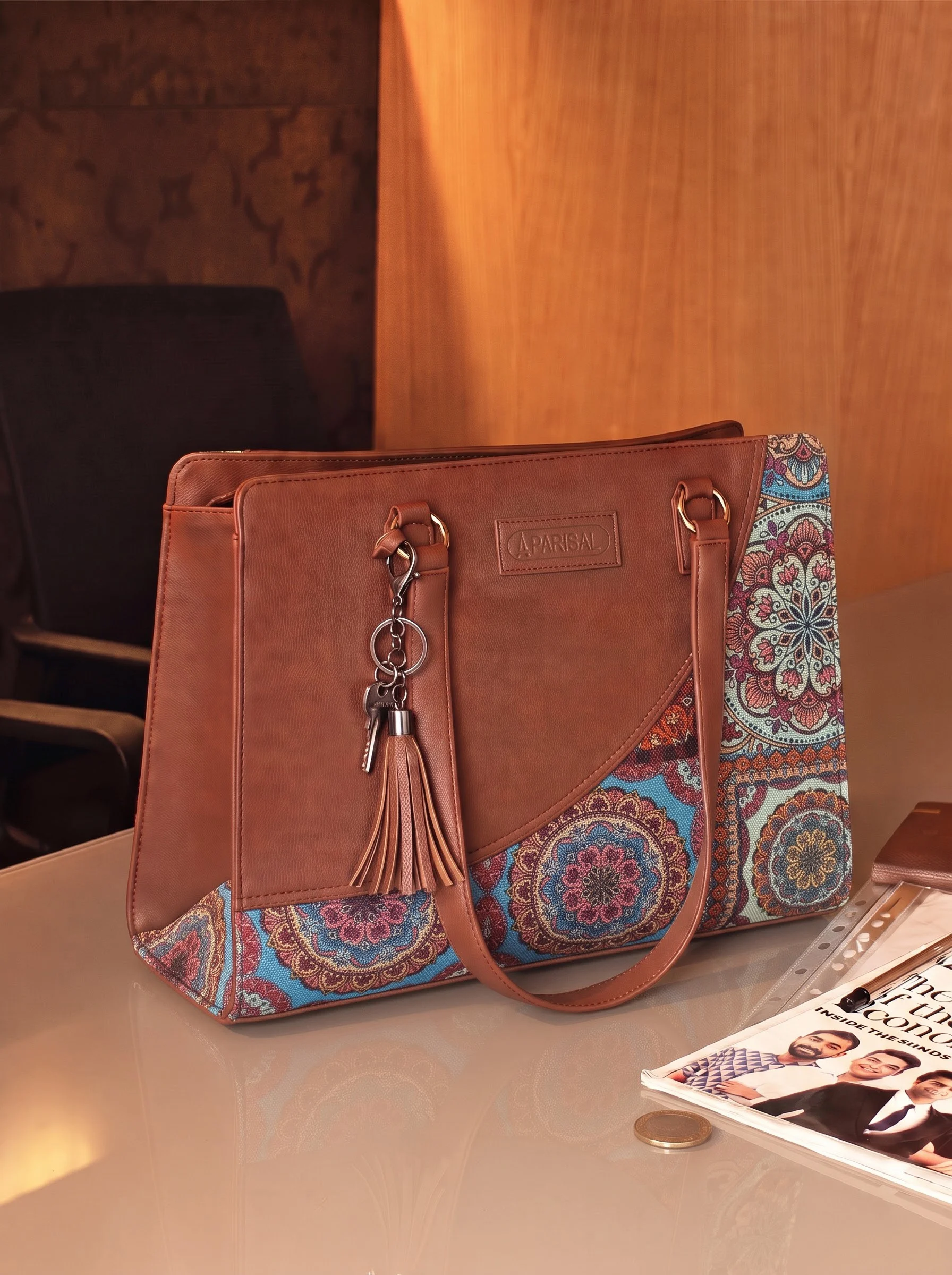 Brown Boho Printed Tote Handbag - Image 7