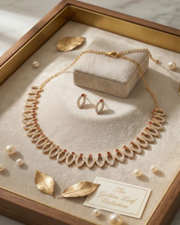 Golden Pink Leaf Necklace Set