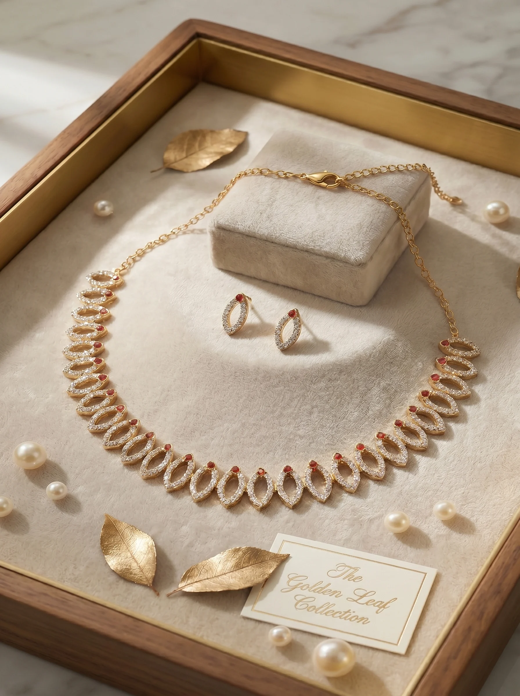Golden Pink Leaf Necklace Set
