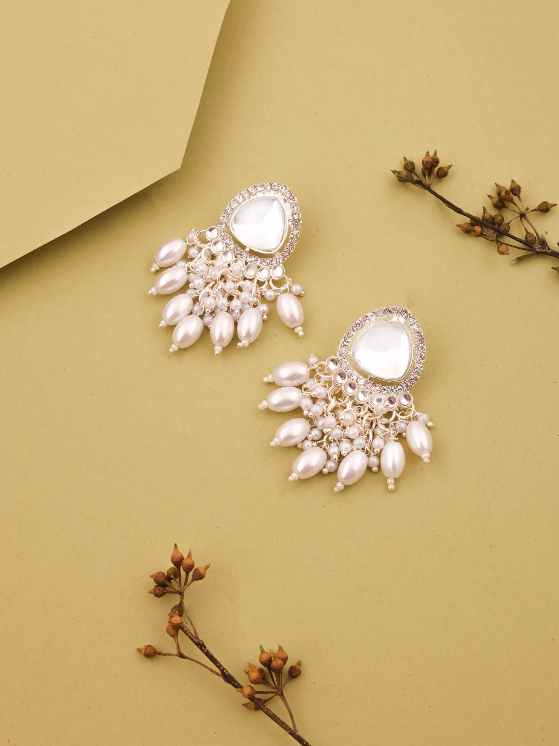 Silver Pearl Stud Kundan Earrings - Image 3