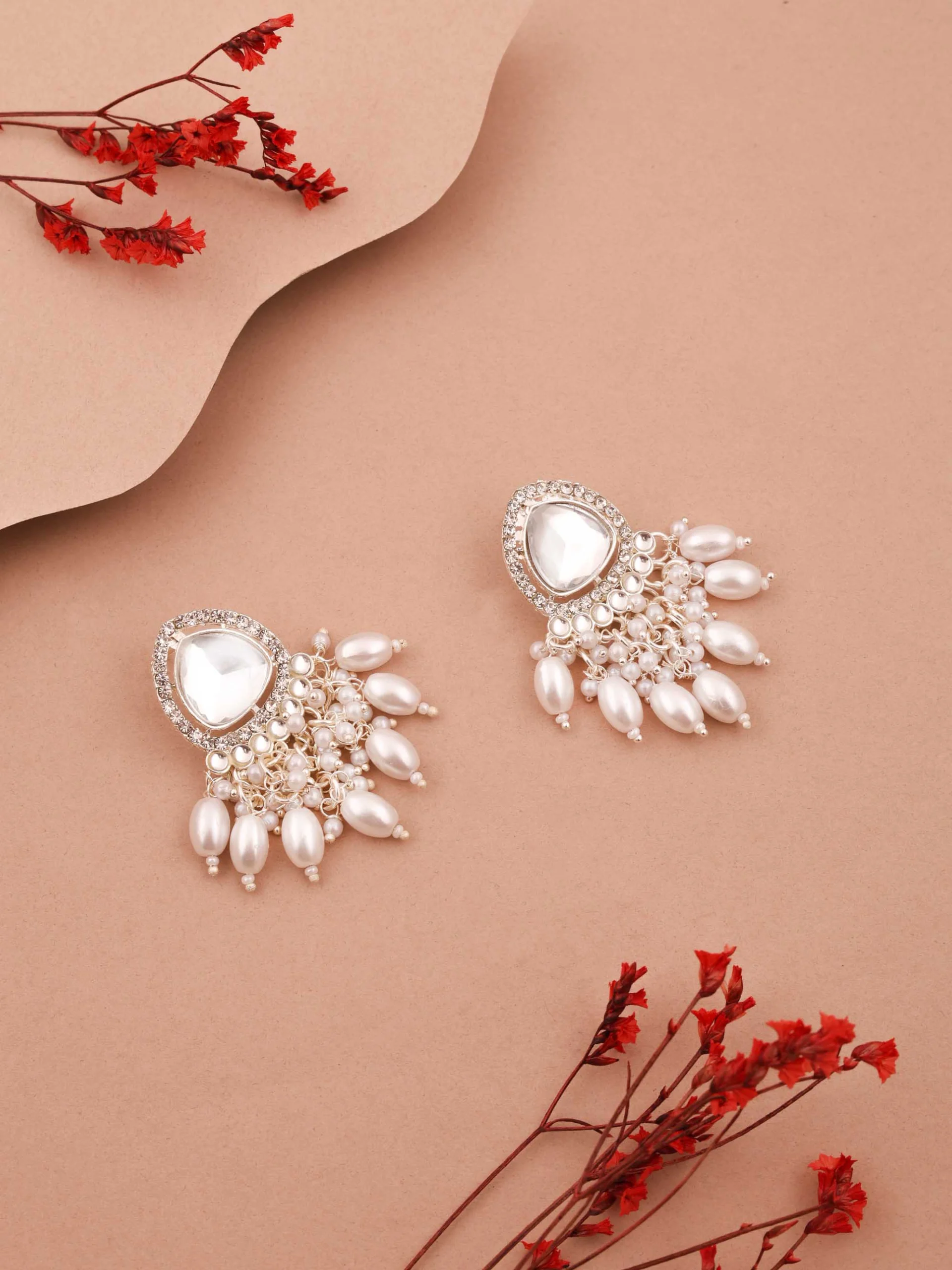 Silver Pearl Stud Kundan Earrings - Image 2