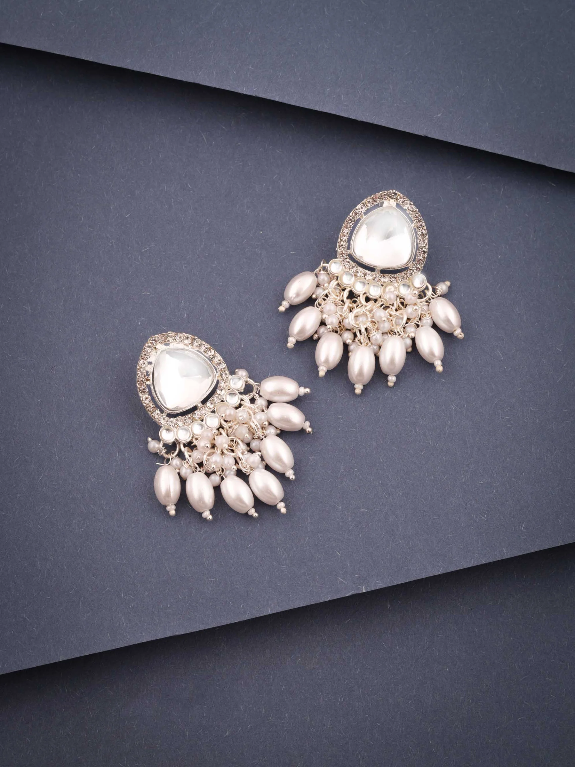 Silver Pearl Stud Kundan Earrings