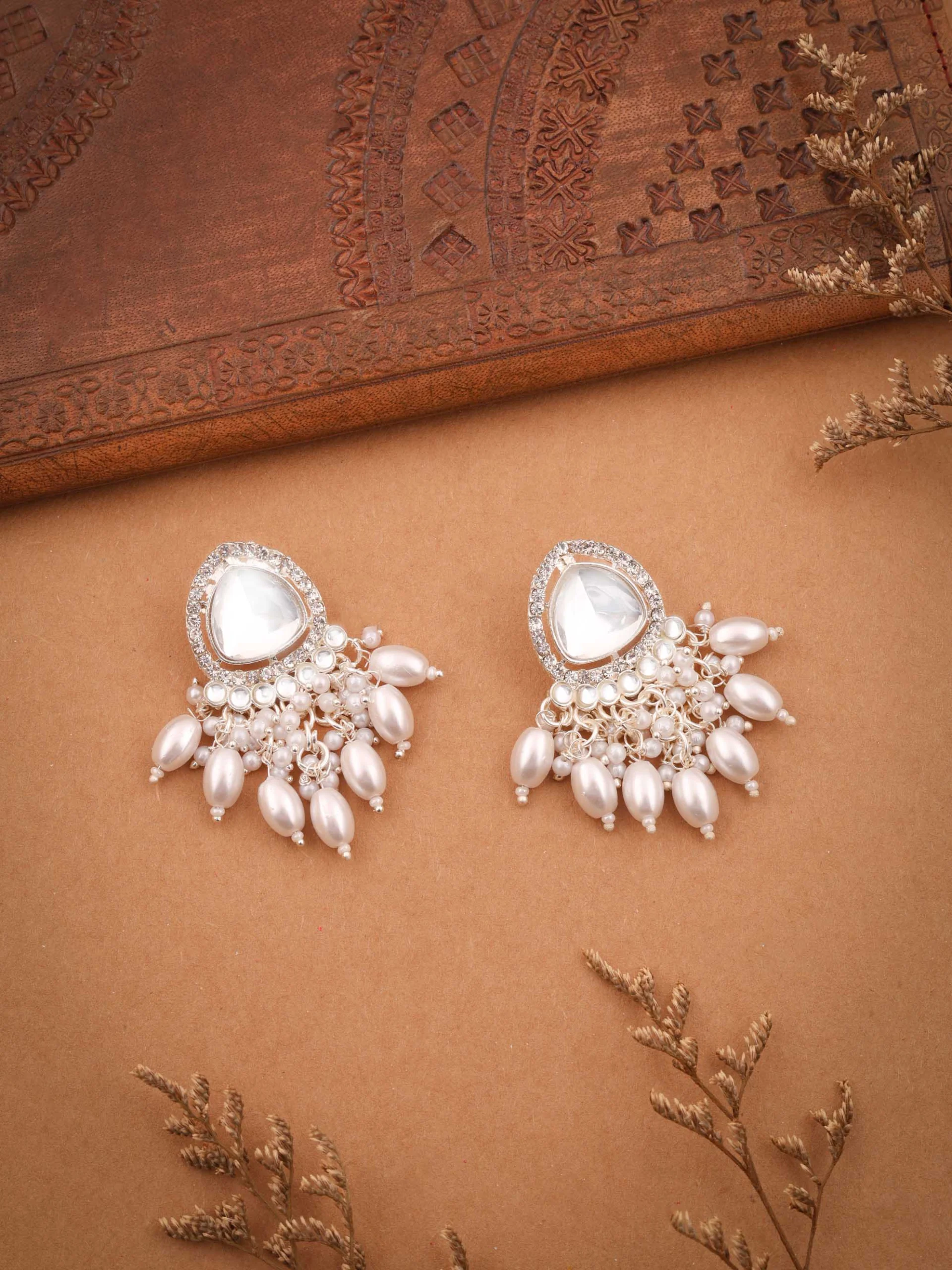 Silver Pearl Stud Kundan Earrings - Image 4