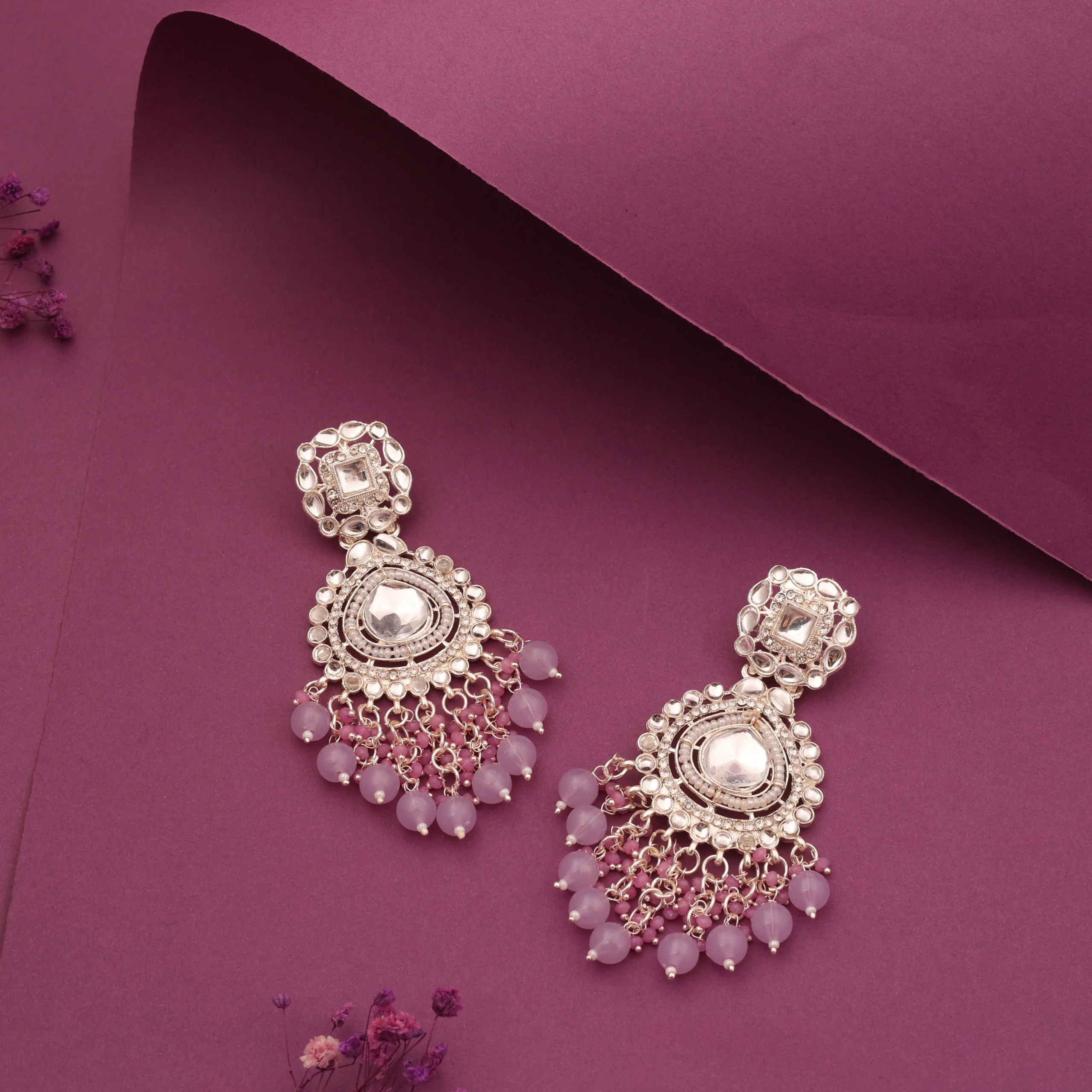 Lavender Pearl Kundan Earrings - Image 3