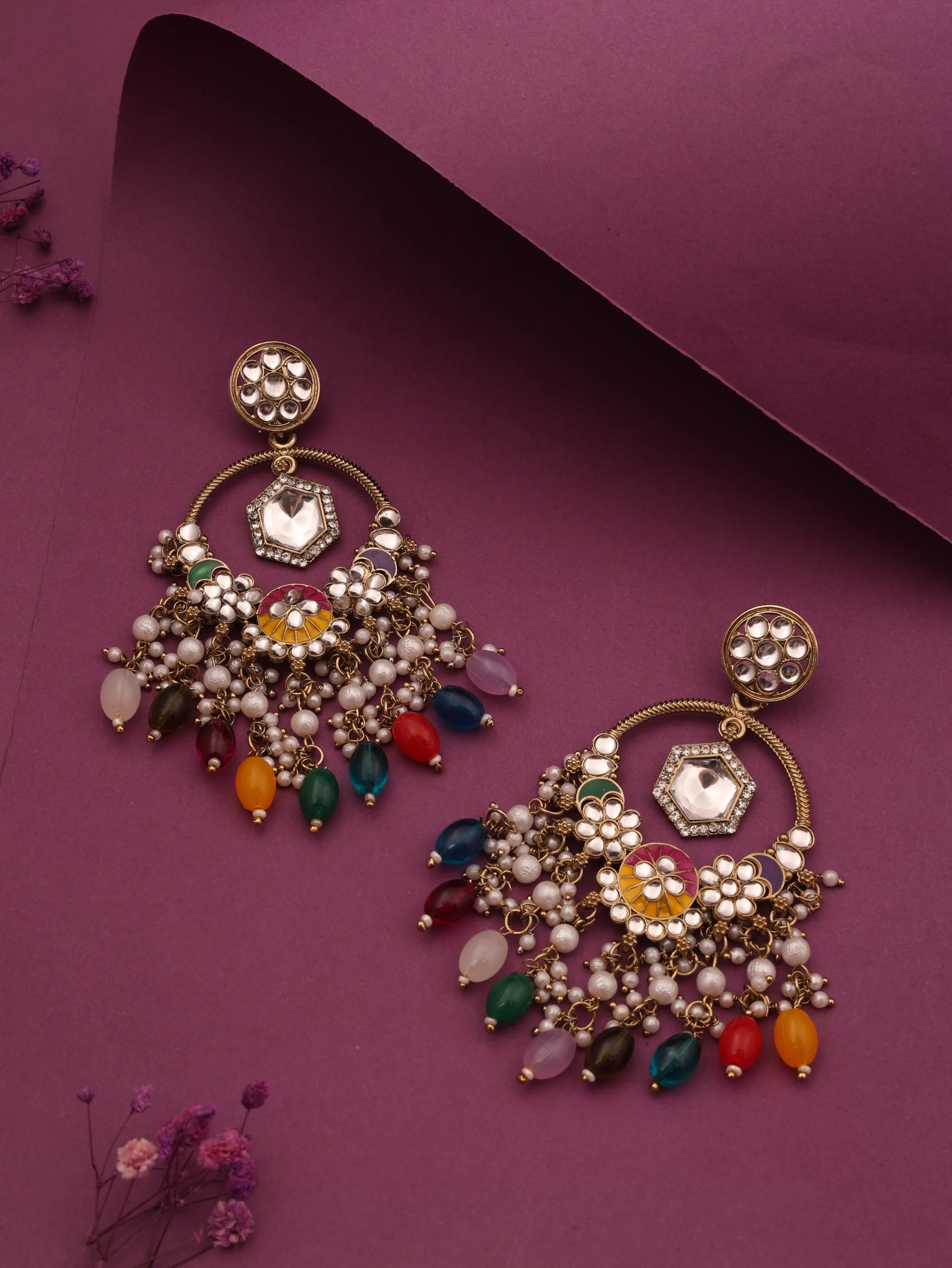 Golden Multi Color Kundan Earrings - Image 2