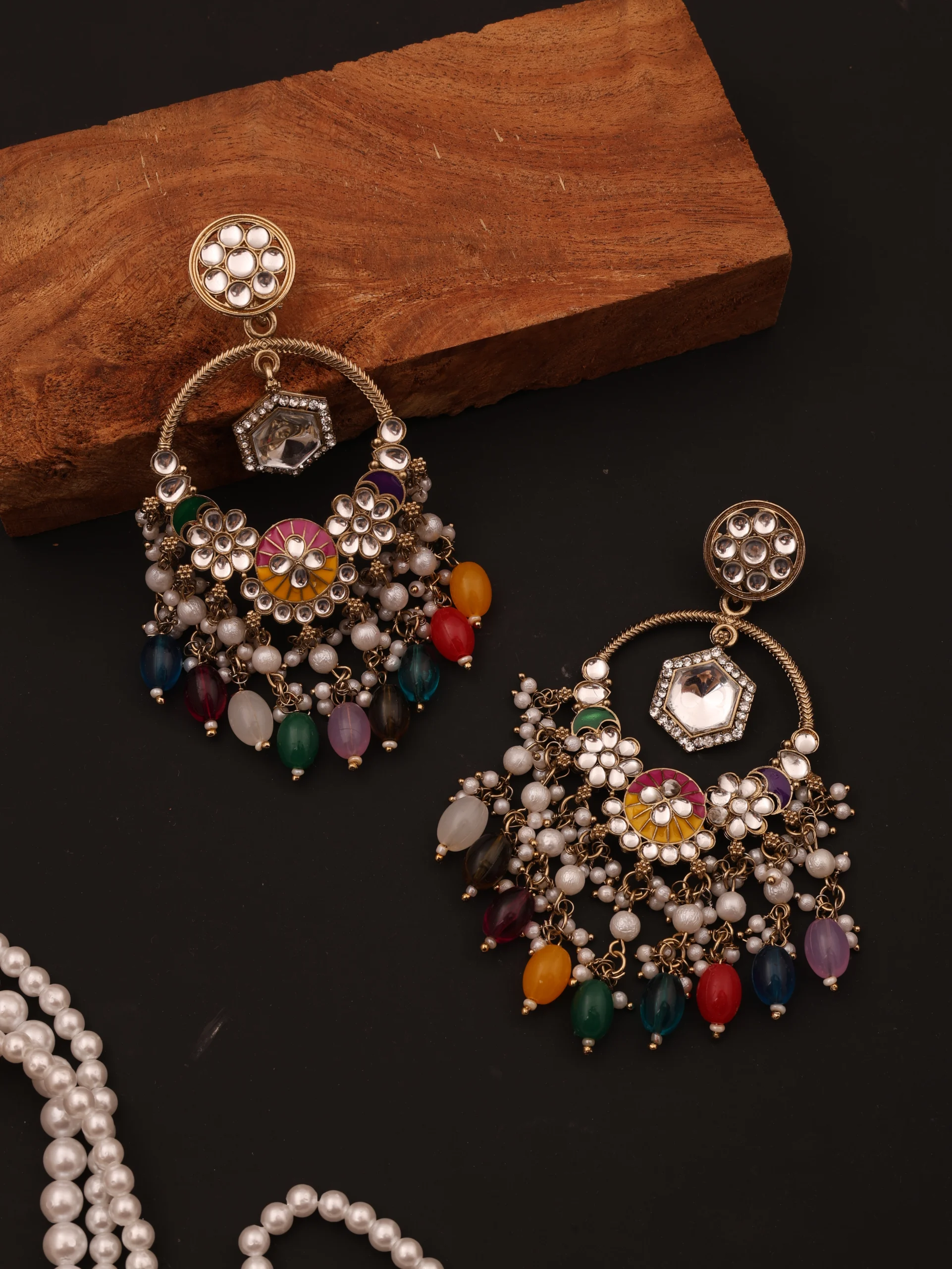 Golden Multi Color Kundan Earrings - Image 3