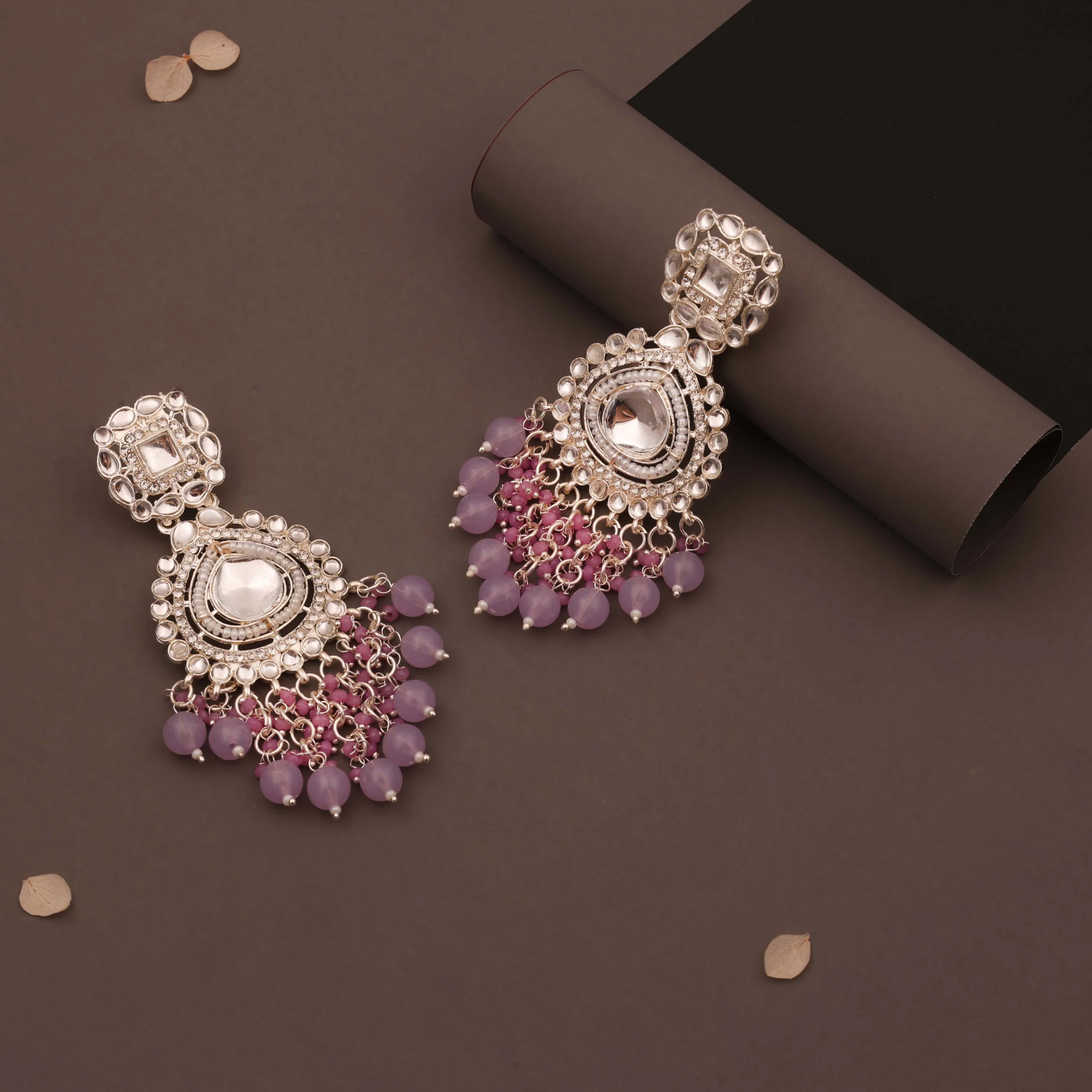 Lavender Pearl Kundan Earrings - Image 2