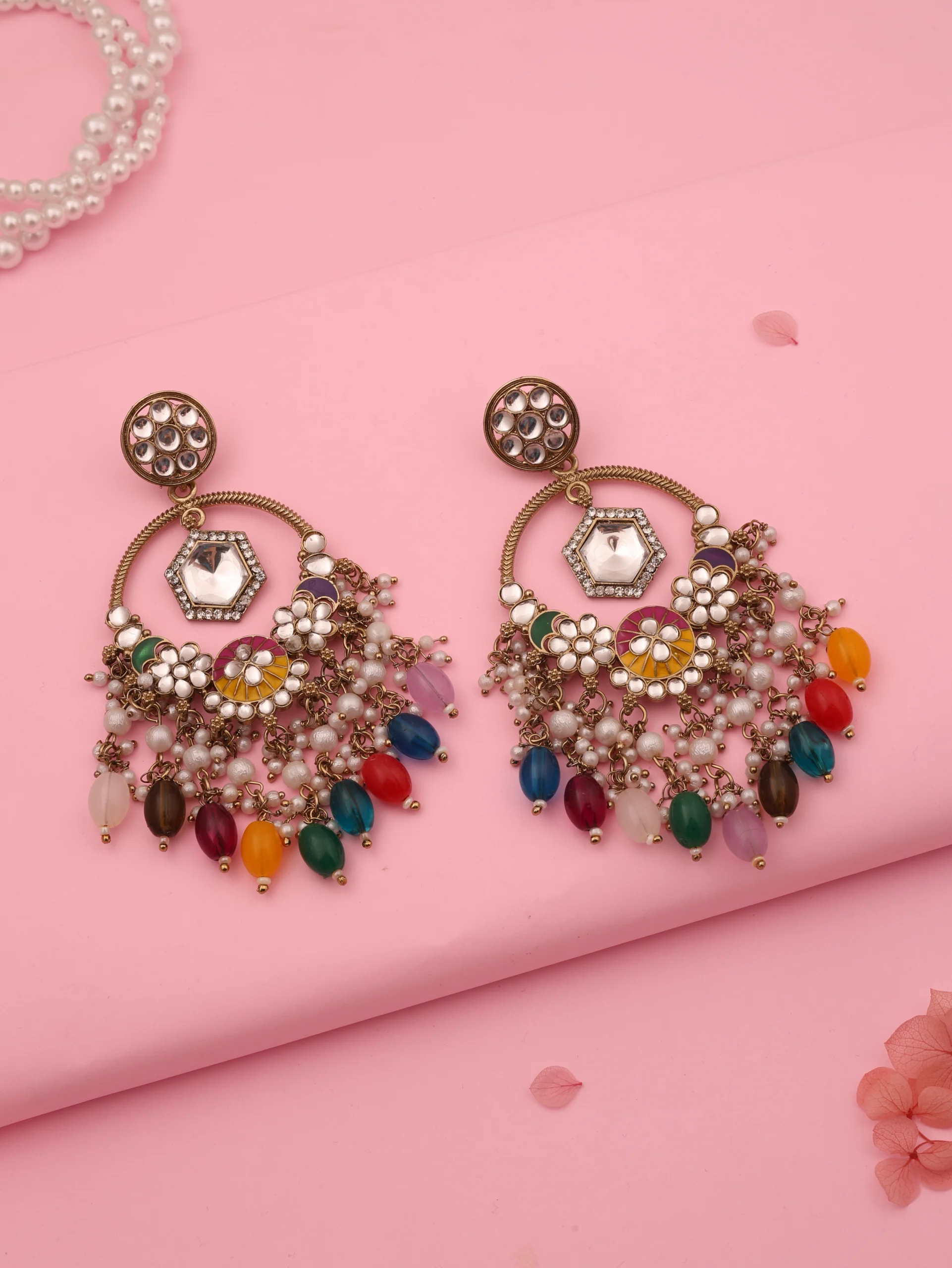 Golden Multi Color Kundan Earrings - Image 4