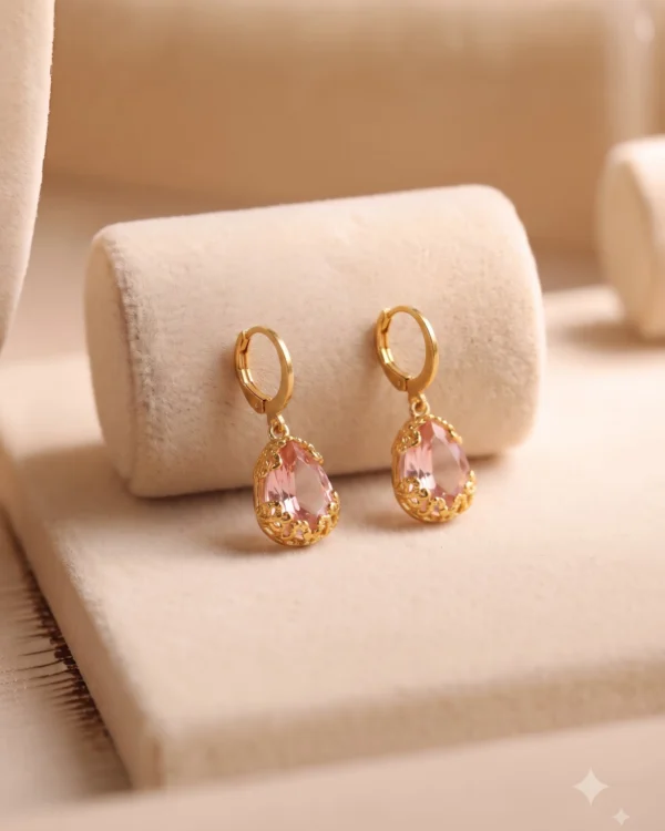 Gold Pink Teardrop Drop Earrings