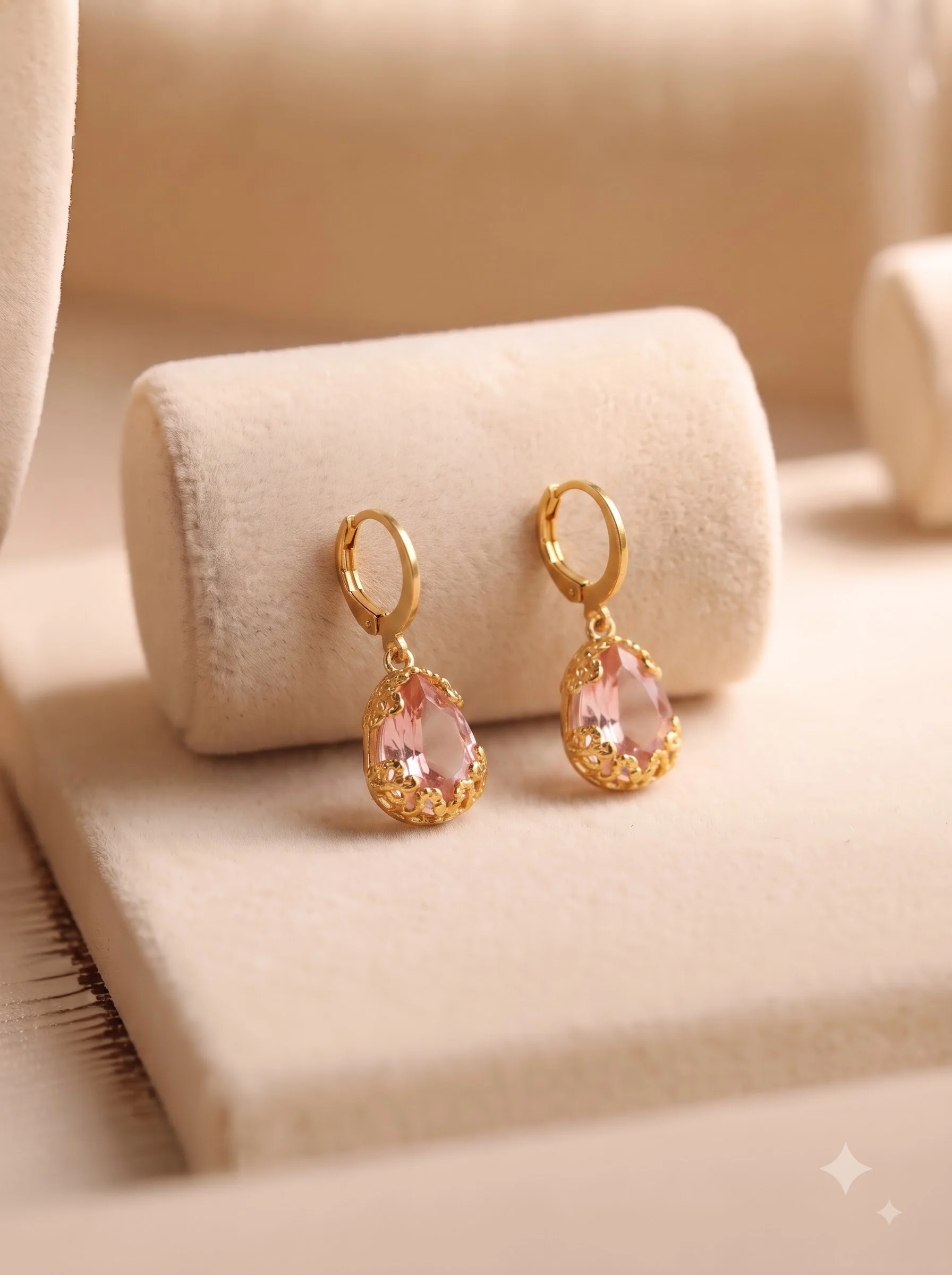 Gold Pink Teardrop Drop Earrings