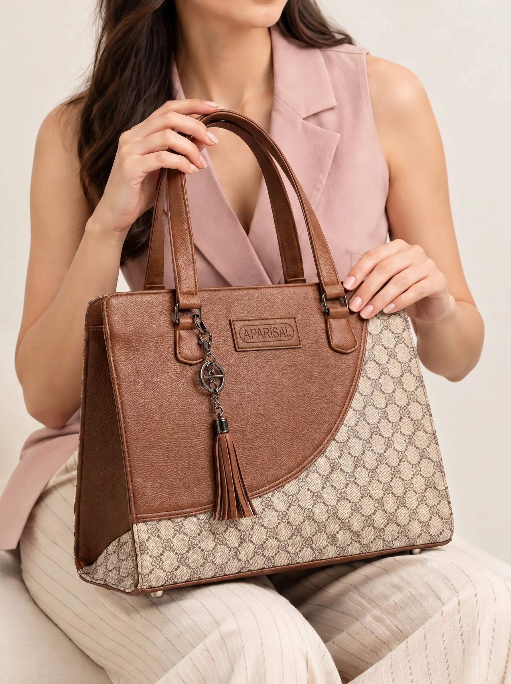 Beige Geometric Pattern Tote Bag