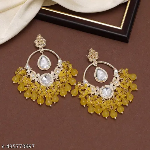 Yellow Pearl Kundan Earrings - Image 3