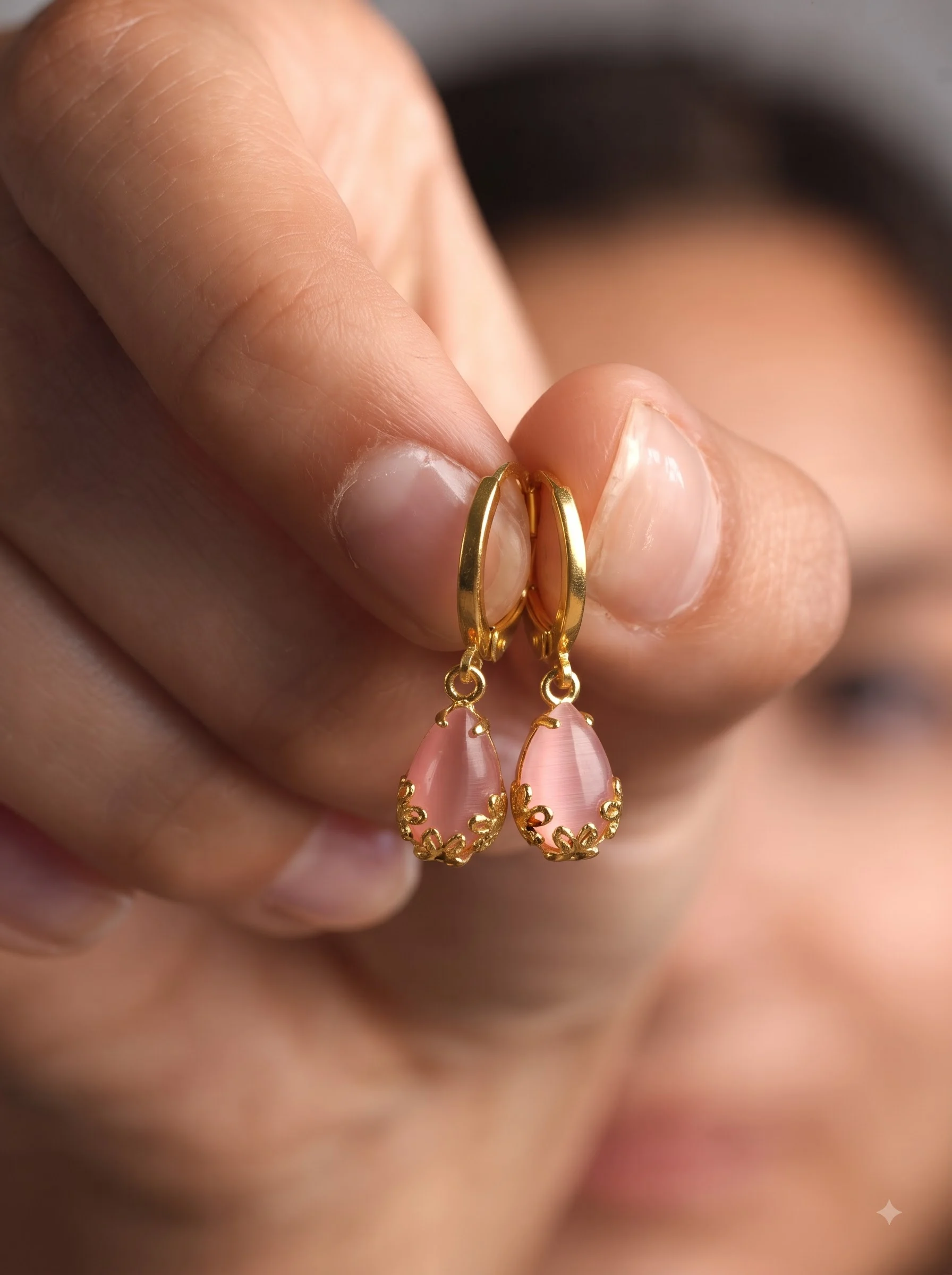 Gold Pink Teardrop Drop Earrings - Image 4