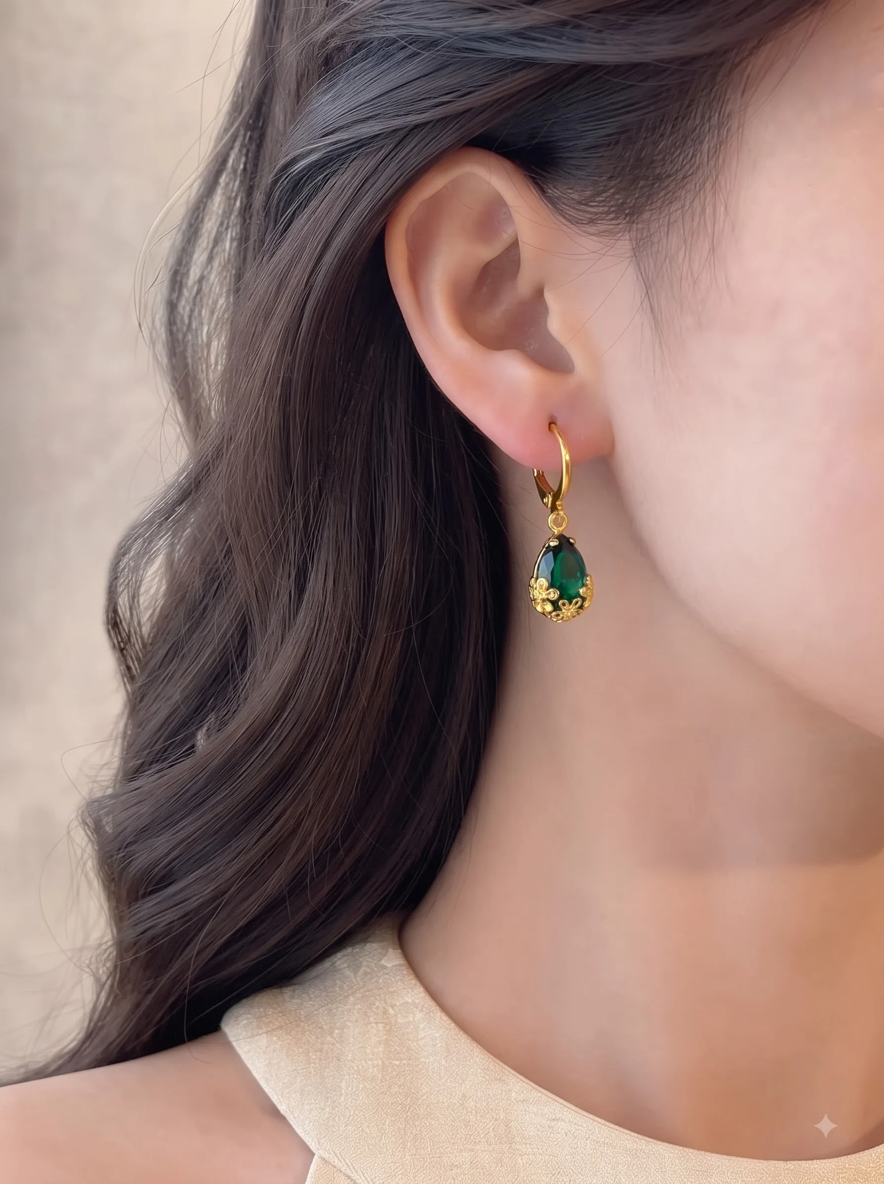 Green Teardrop Crystal Earrings - Image 2