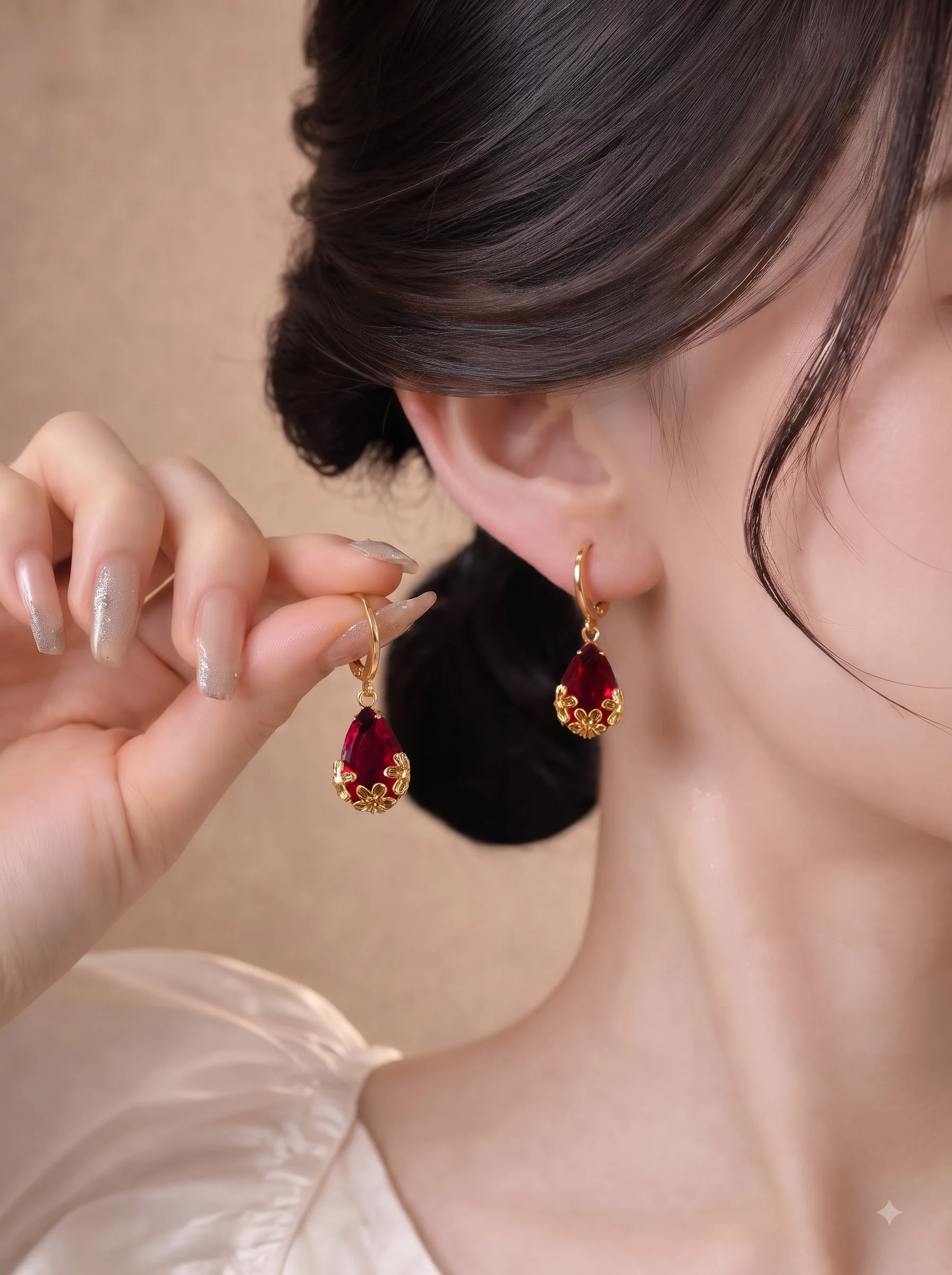 Red Teardrop Crystal Earrings - Image 2