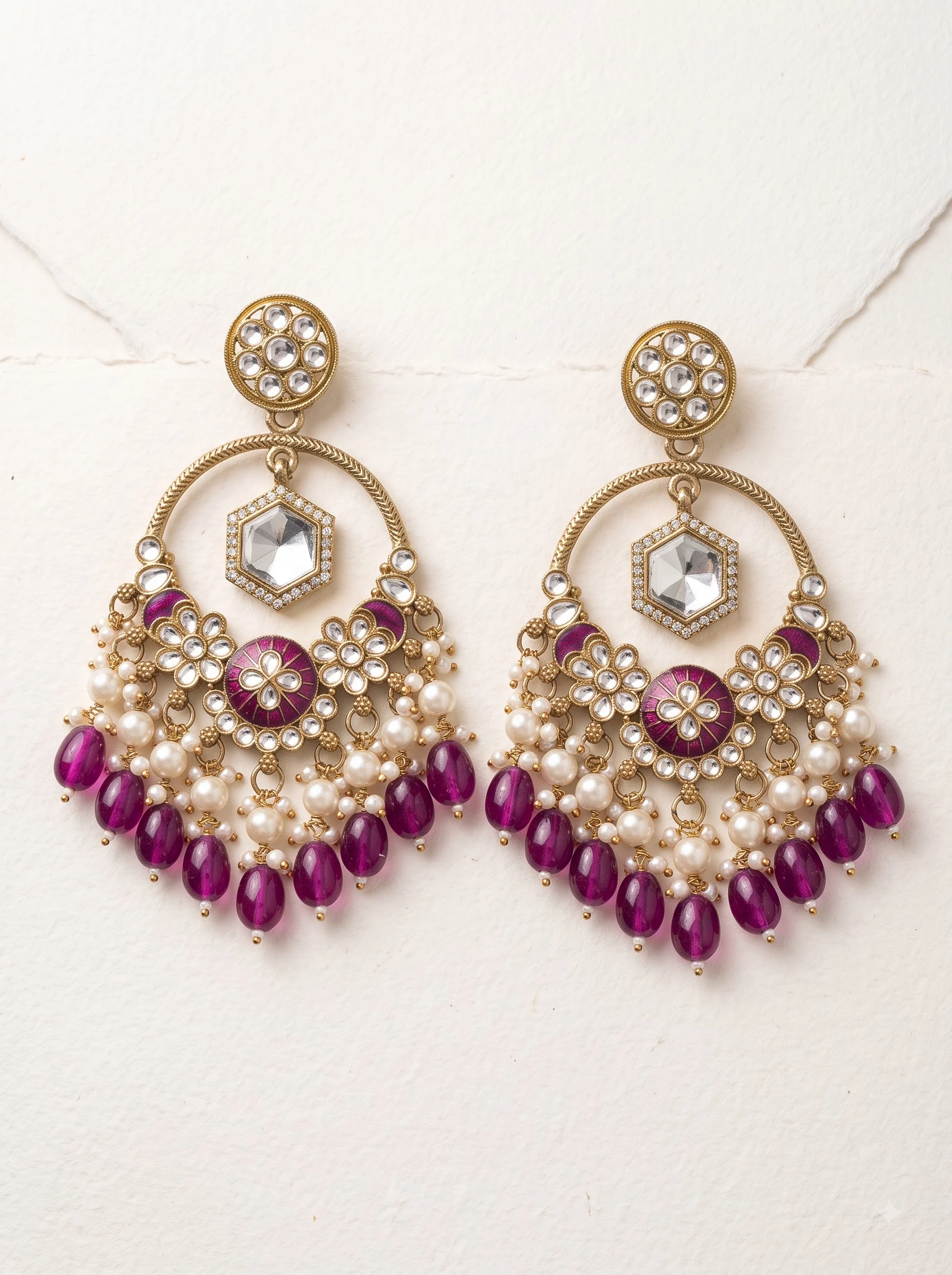 Purple Kundan Chandbali Earrings - Image 2