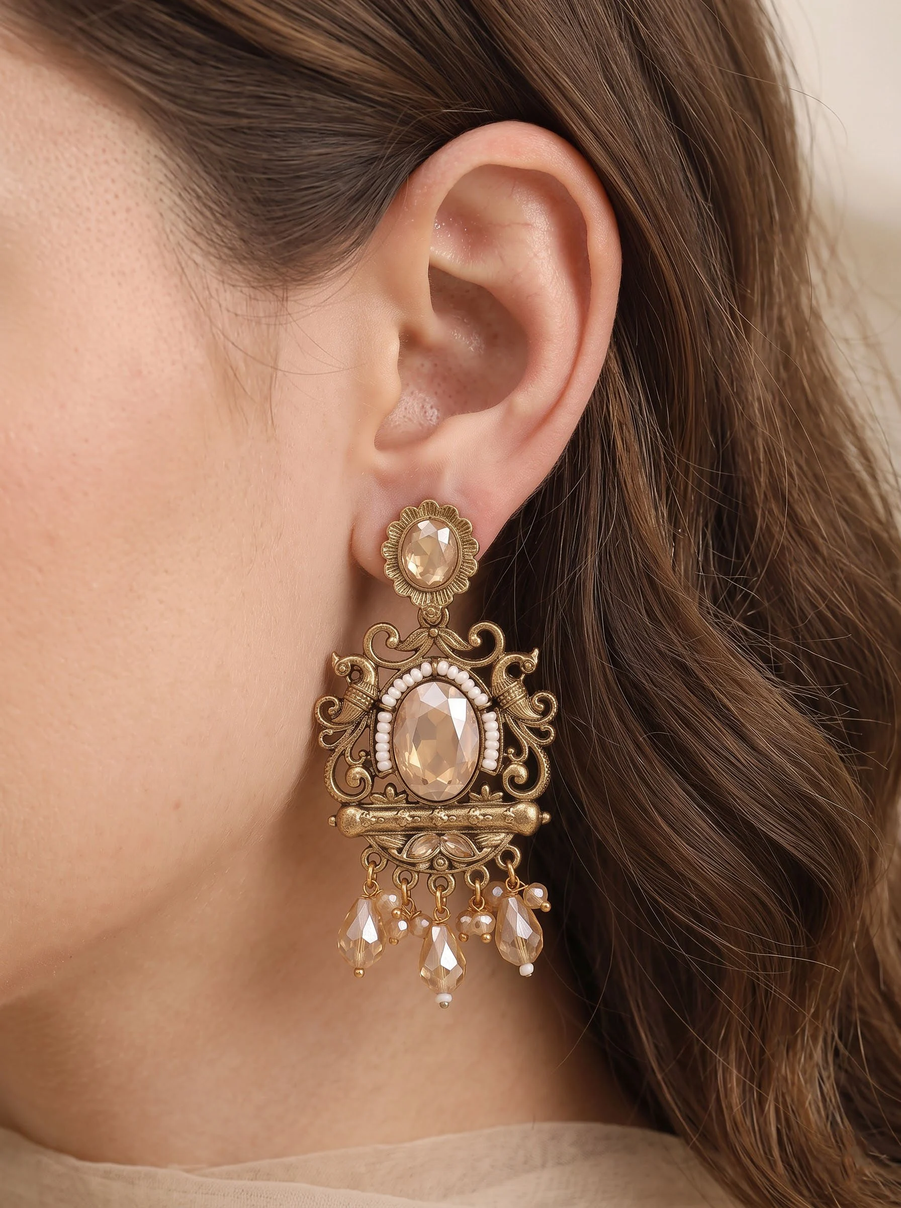 Peach Stone Antique Gold Earrings - Image 2