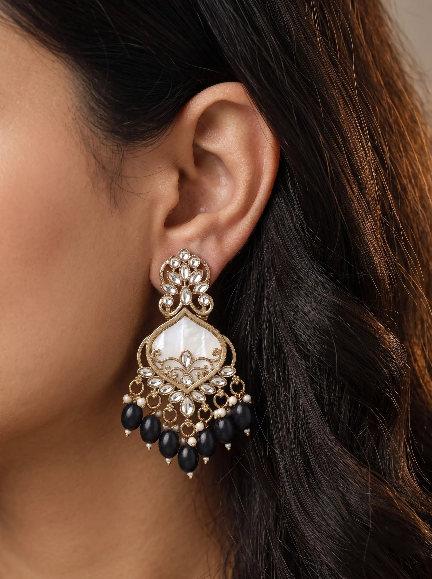 Black Kundan Dangler Earrings - Image 5
