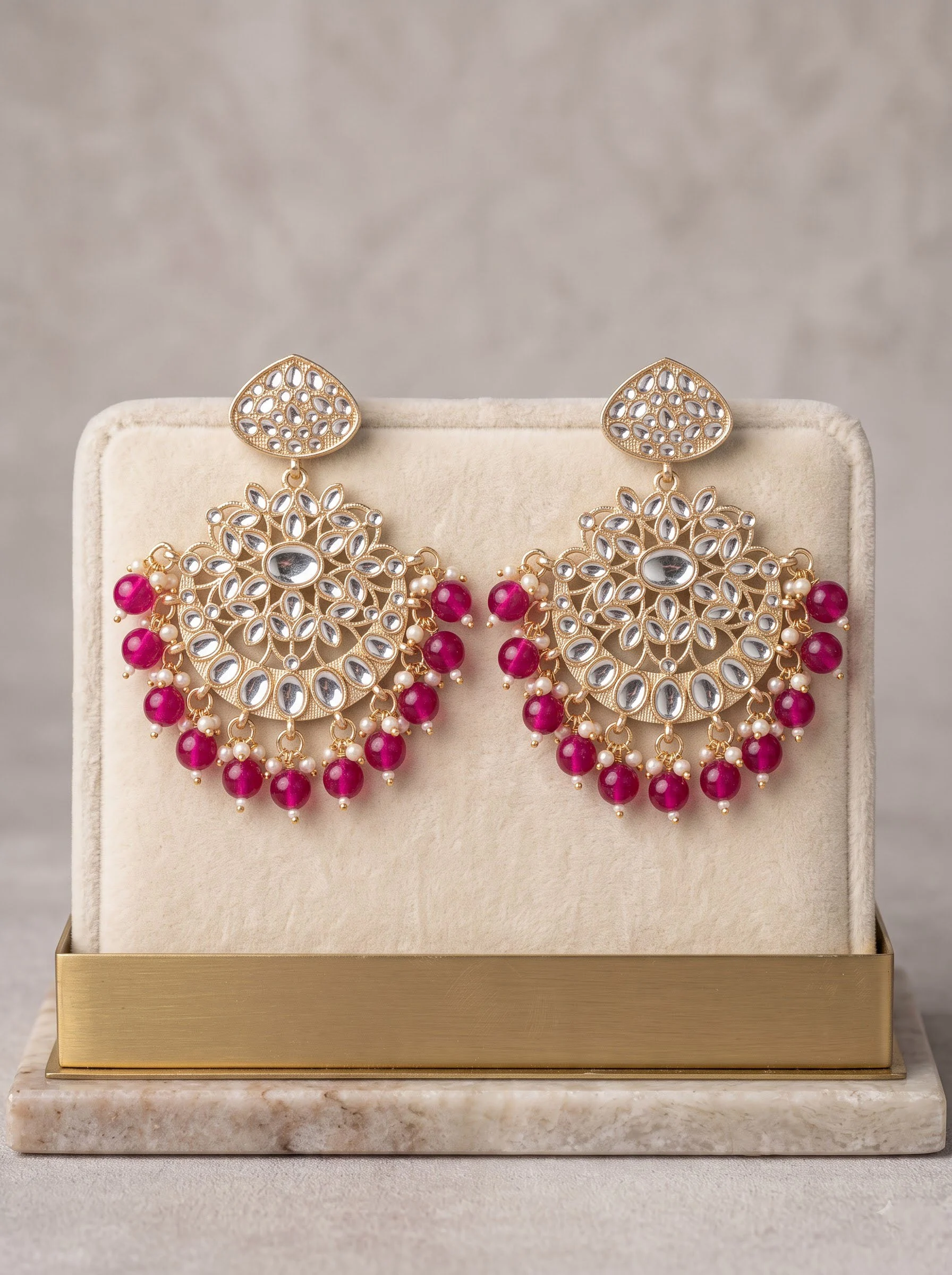 Pink Bead Gold Plated Earrings - Image 2