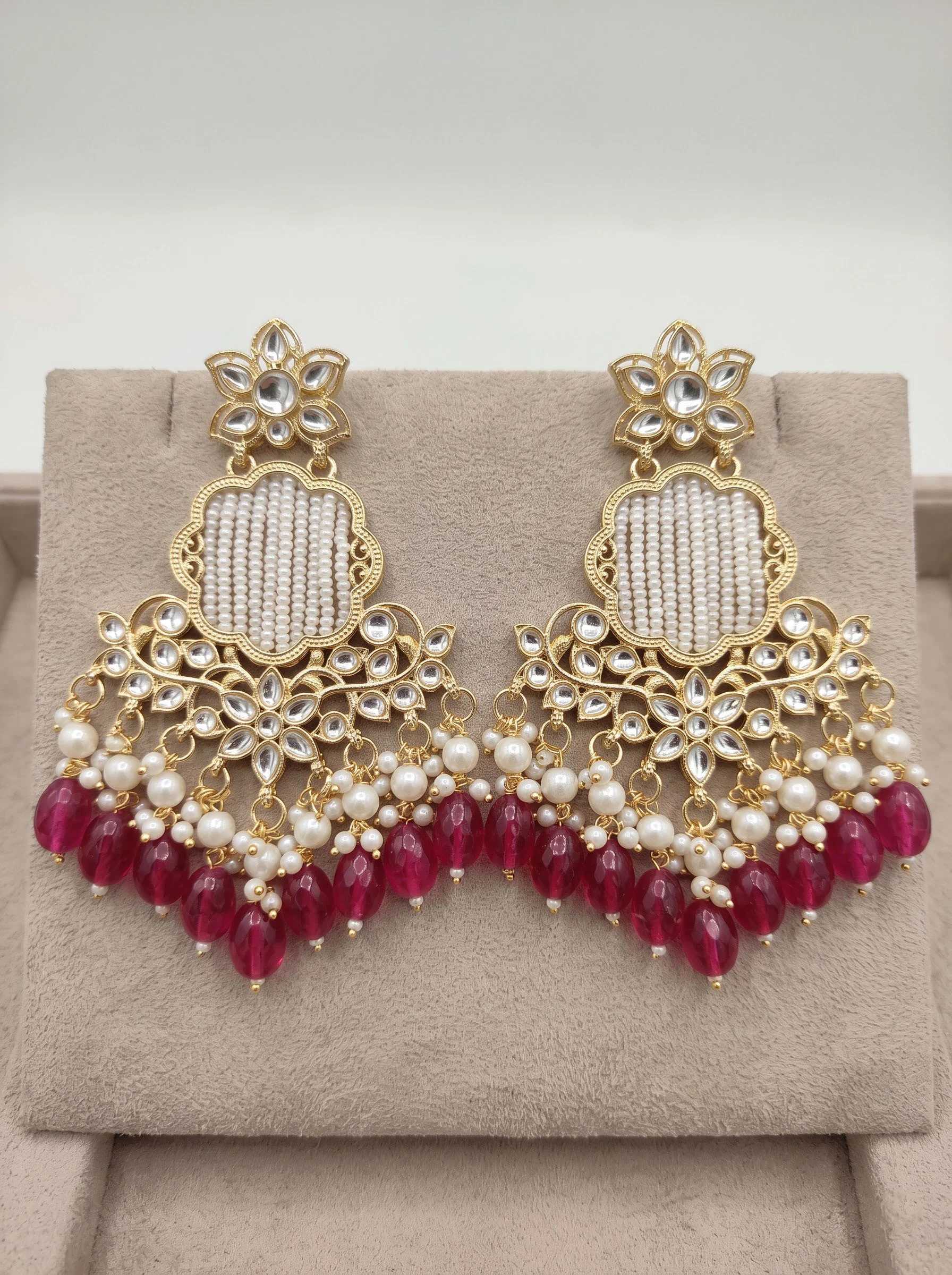 Dark Pink Kundan Dangler Earrings