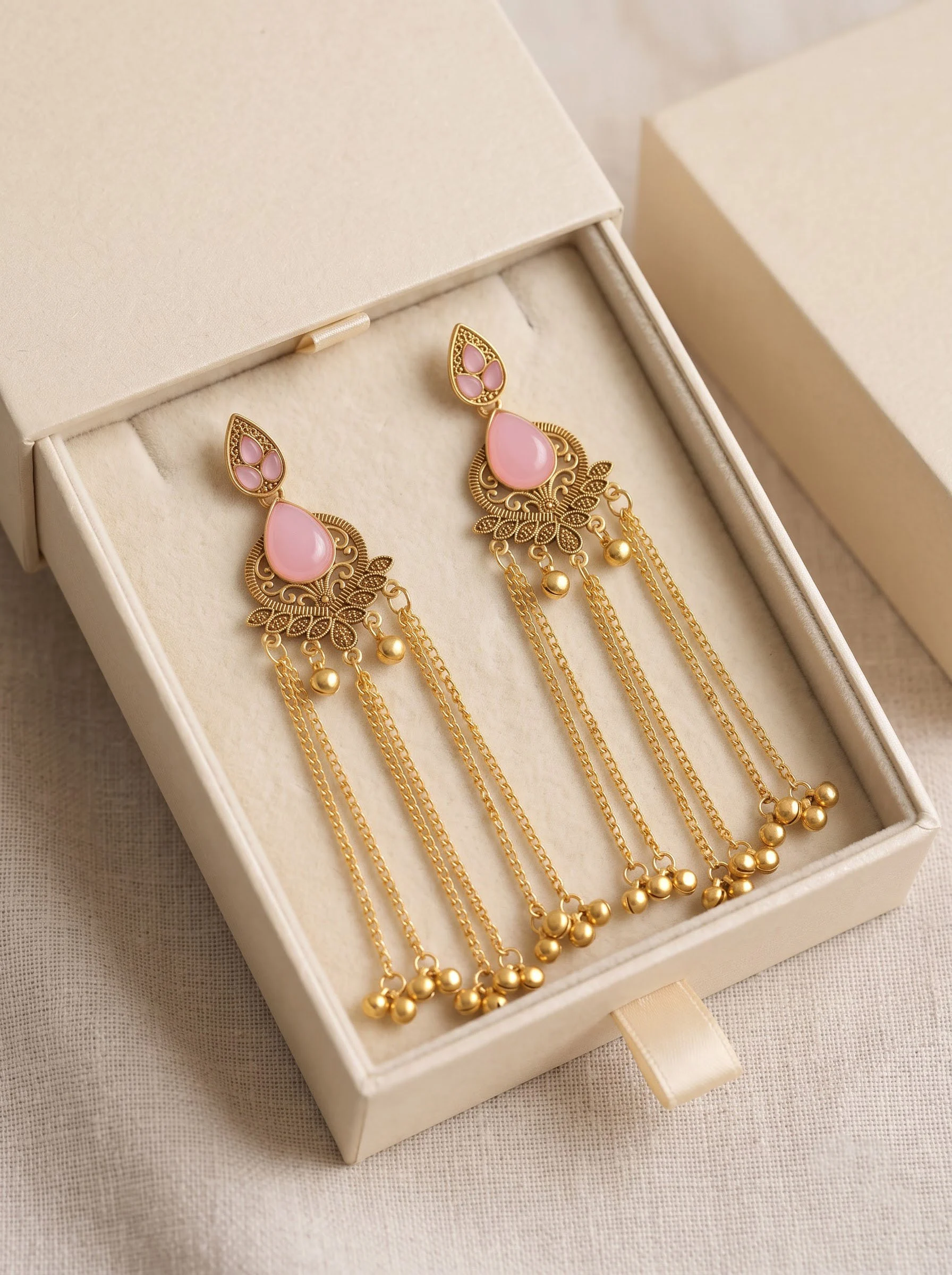 Pink Stone Antique Gold Tassel Earrings - Image 2