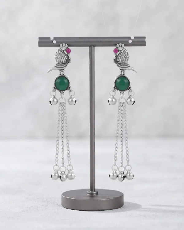 Emerald Green Silver Bird Earrings