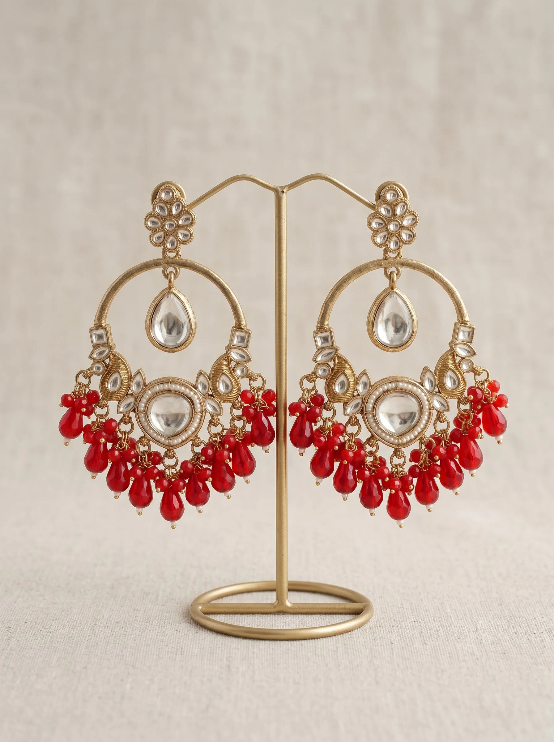 Red Kundan Chandbali Earrings