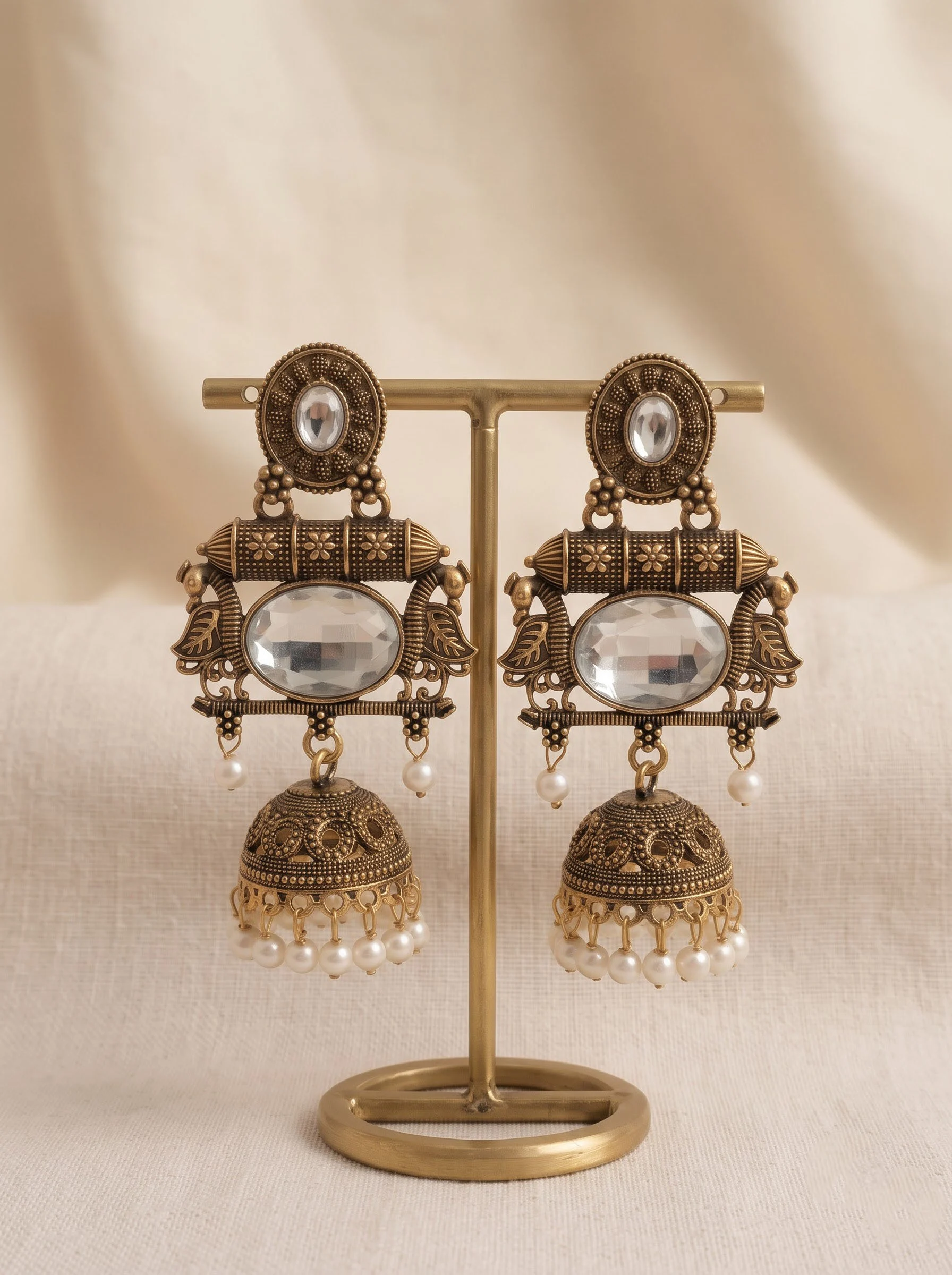White Stone Antique Jhumka Earrings - Image 2