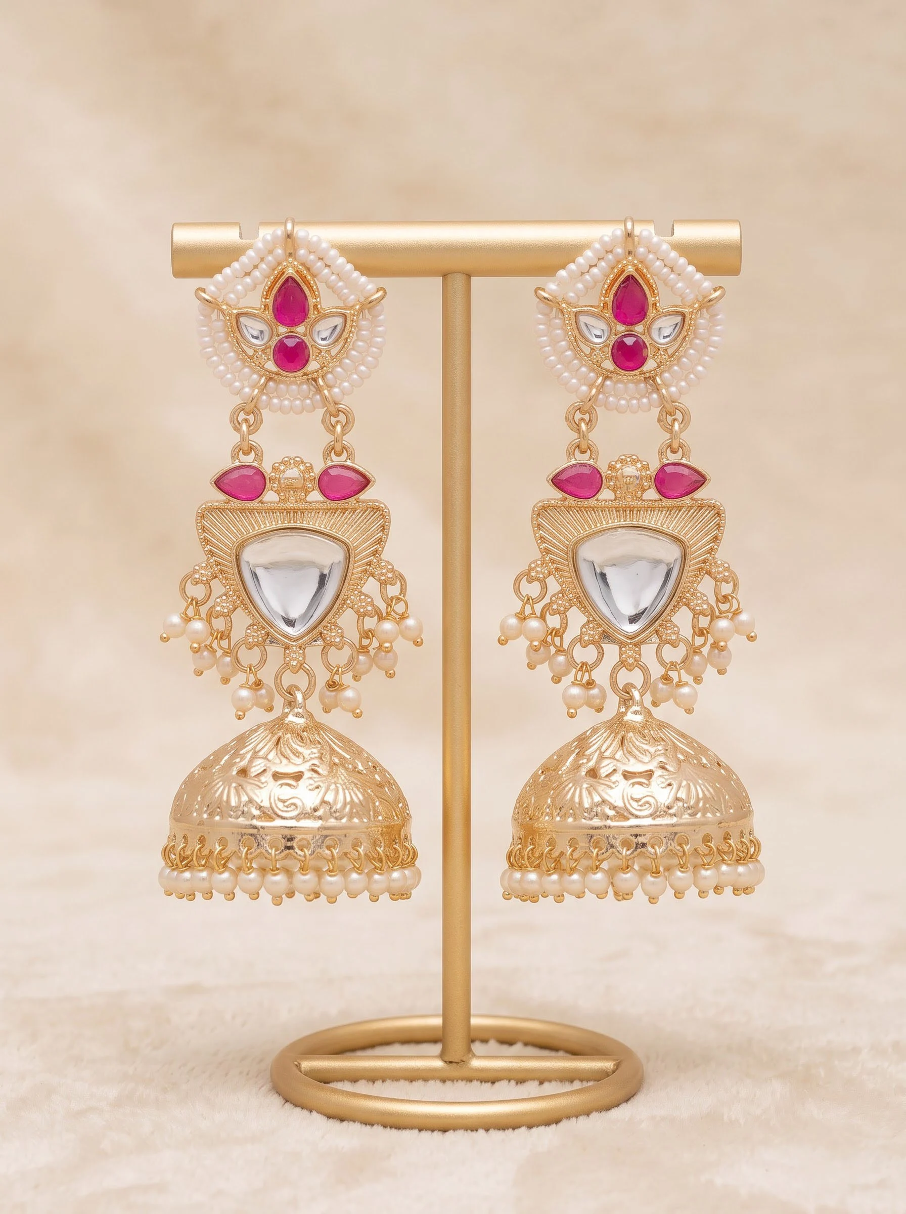 Elegant Pink Kundan Jhumka Earrings