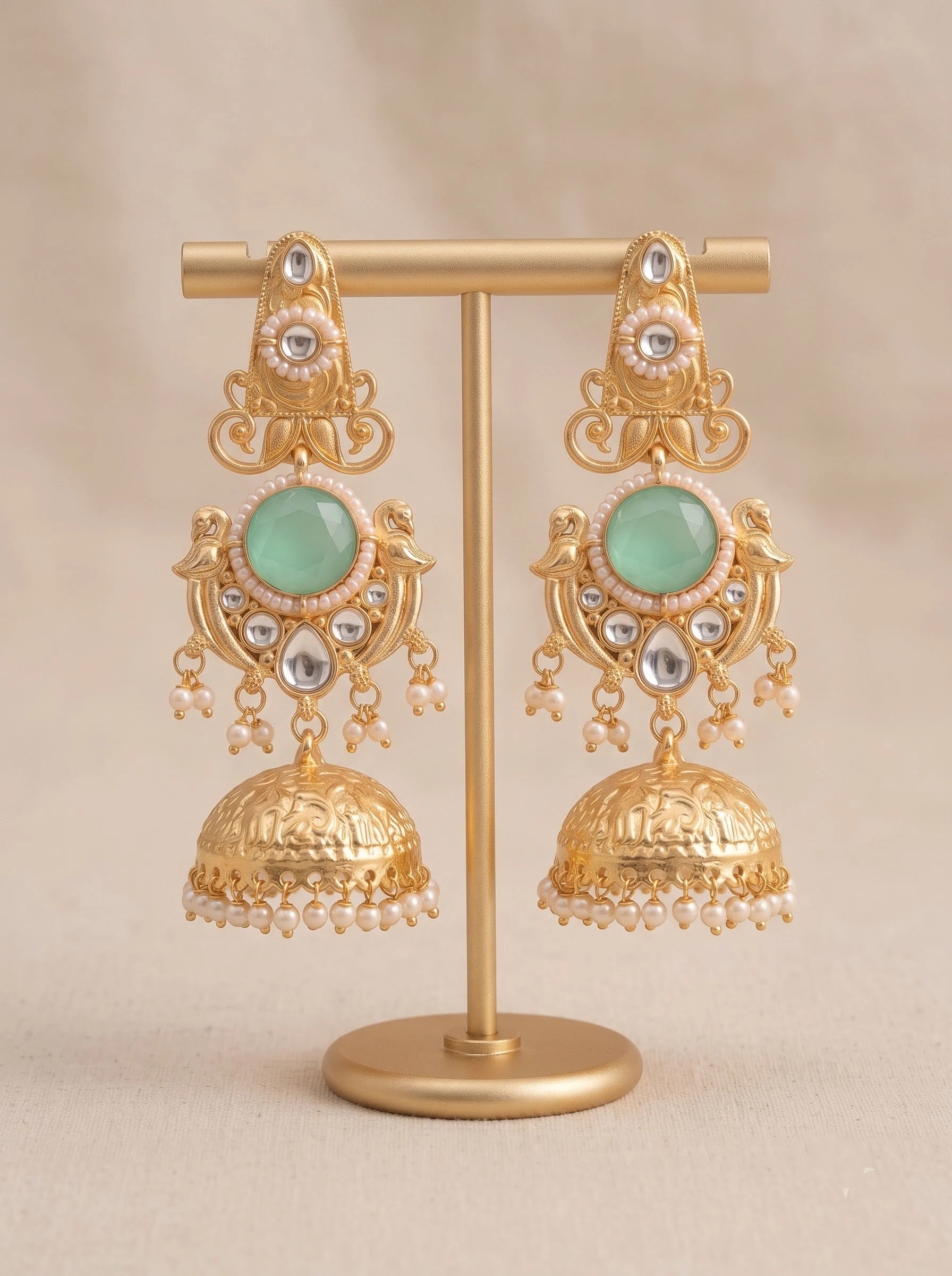 Green Stone Gold Jhumka Earrings - Image 2